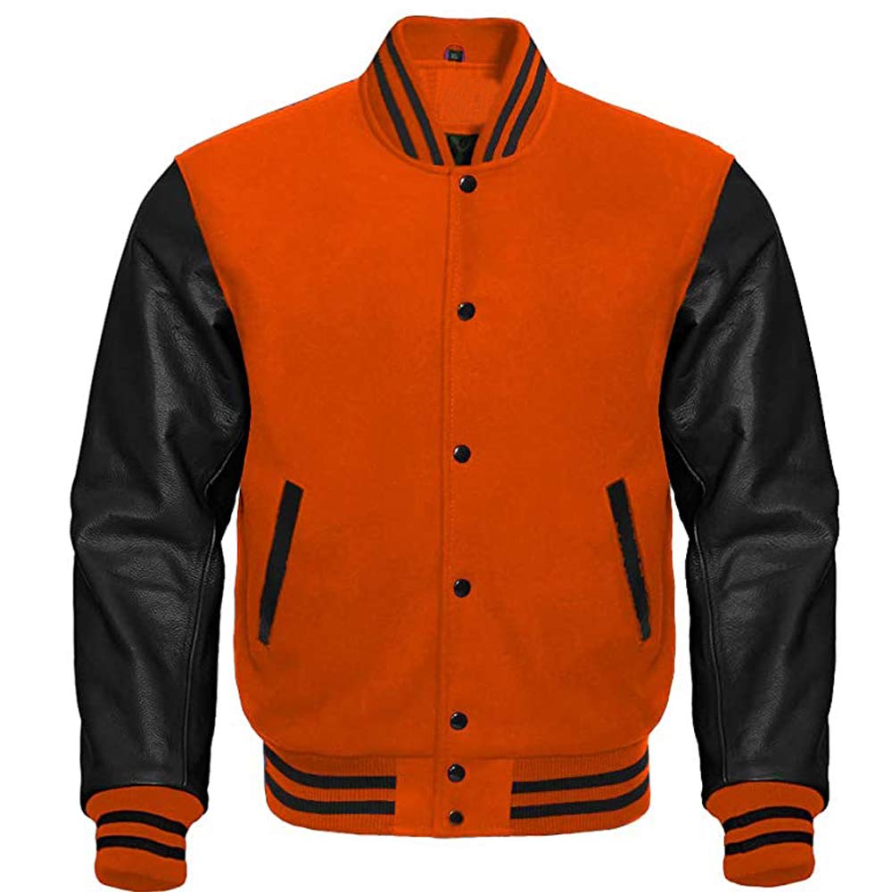 Premium Letterman Baseball Varsity Jacket - Orange Wool Body & Black Cowhide Leather Sleeves for School, College Teams | Perfect for Sports Games, Pep Rallies & Campus Fashion