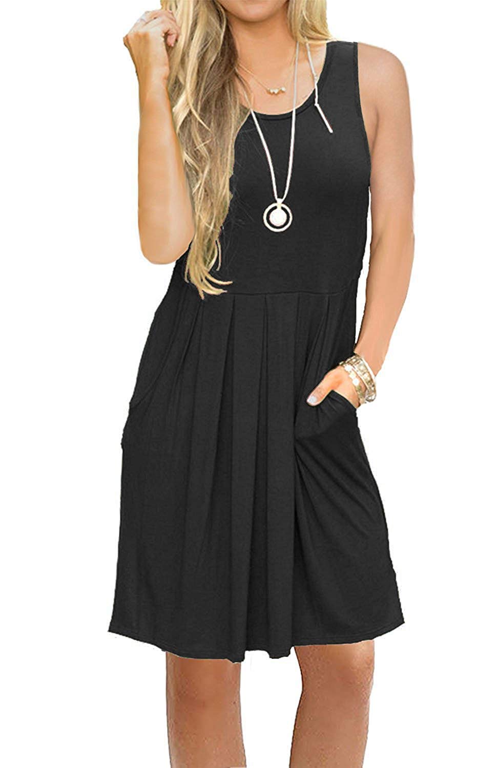 AUSELILY Women's Summer Casual T-Shirt Dress - Beach Cover Up, Plain Pleated Tank Dress for Vacation, Pool Party & Outdoor Activities