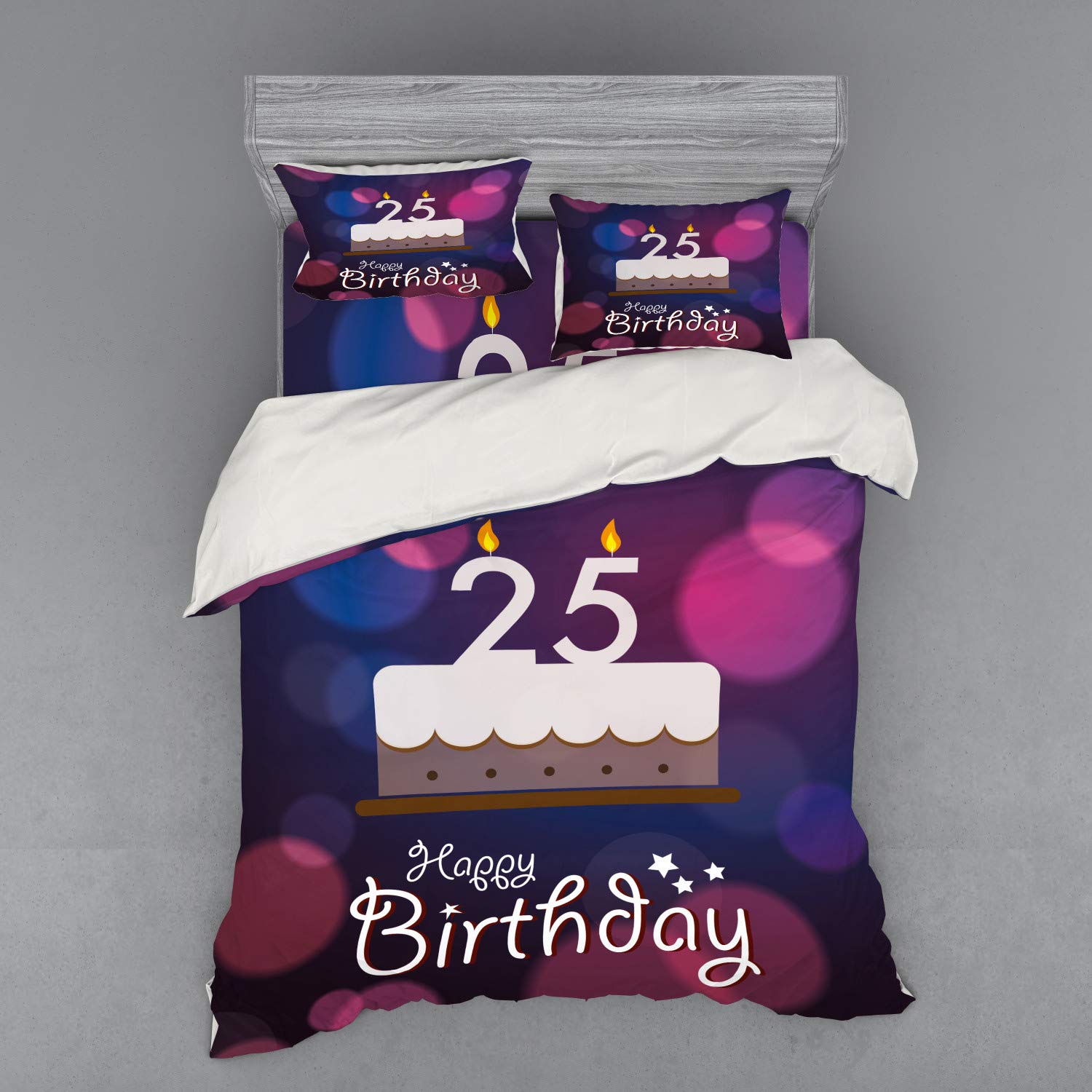 Ambesonne 25th Birthday Duvet Cover Set - Queen Size 4-Piece Bedding with Graphic Cake & Candles Design in Blue Pink White - Includes Shams & Fitted Sheet - Perfect for Birthday Parties, College Dorms & Guest Room Decor