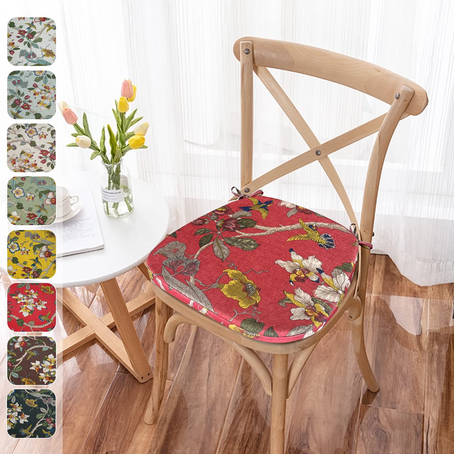 Kimgull Non-Slip Dining Chair Cushions with Ties - 17x16.5x2 Inch Red Floral Detachable Seat Pads - Soft Breathable Kitchen, Living Room & Office Chair Covers for Comfort & Home Decor