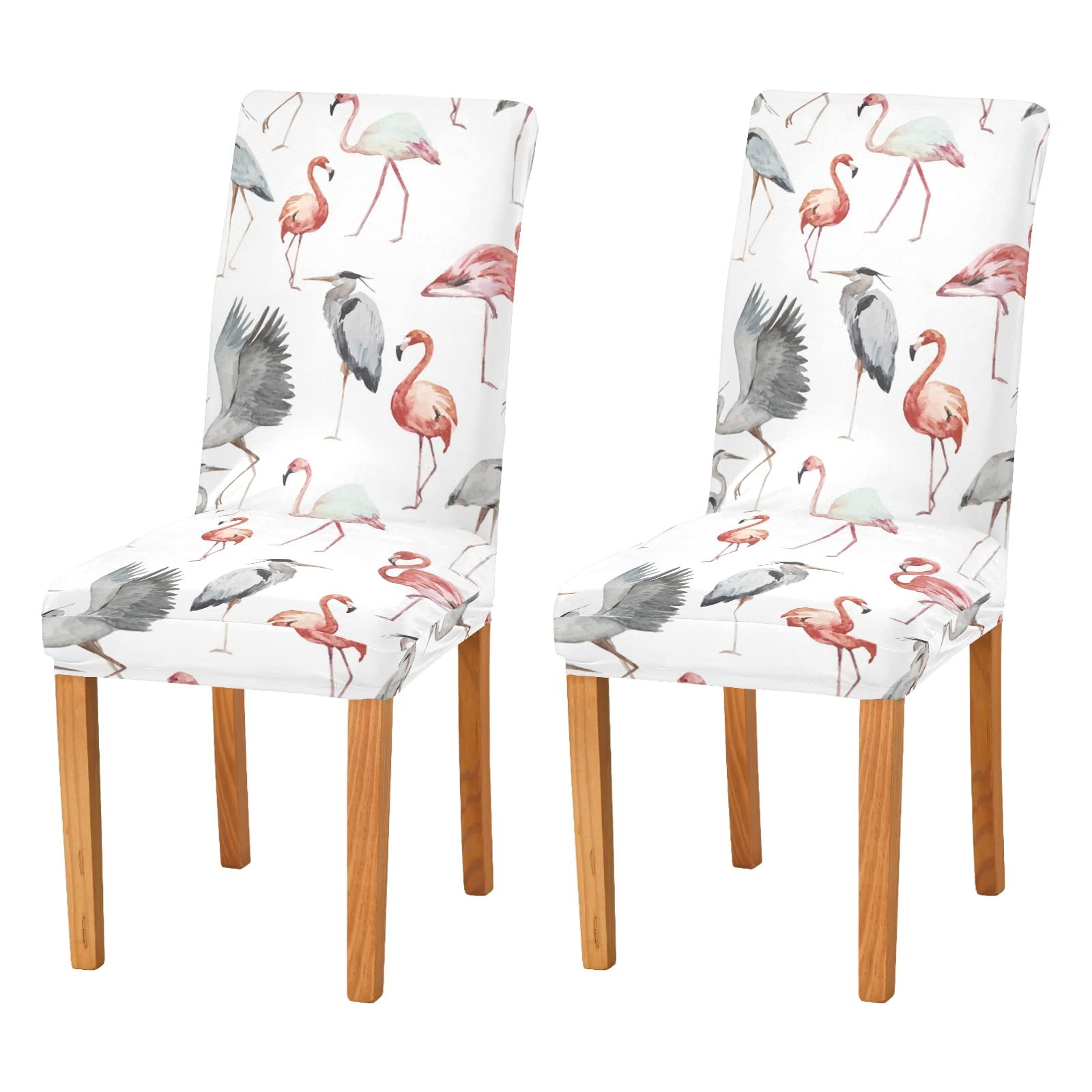 Christmas Dining Chair Covers Set of 2 - Stretchable Xmas Slipcovers with Flamingo Bird Design, Washable Spandex Kitchen Chair Protectors for Holiday Parties, Home Decor & Festive Gatherings