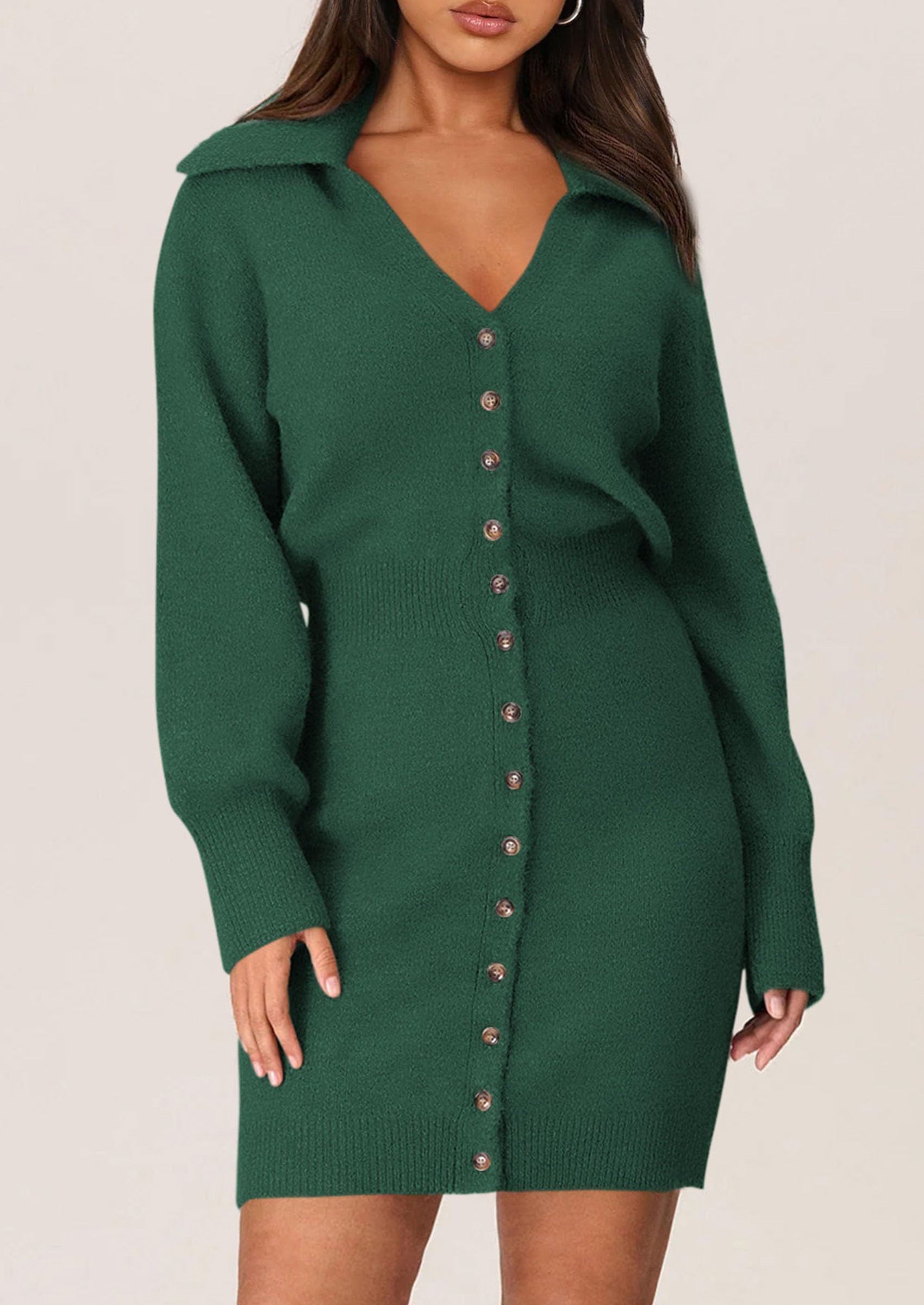 PRETTYGARDEN Women's 2025 Trendy Long Sleeve Button Down Sweater Dress - Soft Knit Short Spring Dress for Casual Outings, Date Nights & Office Wear
