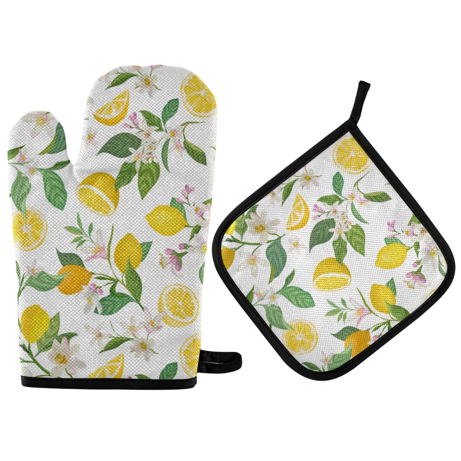 Yellow Lemon Leaf Oven Mitts & Pot Holders Set - 2PCS Heat Resistant Kitchen Gloves for Baking, Cooking, Grilling & BBQ - Spring Floral Microwave Safe Hot Pads - Recycled Home Decor Accessories for Kitchen & Dining Room
