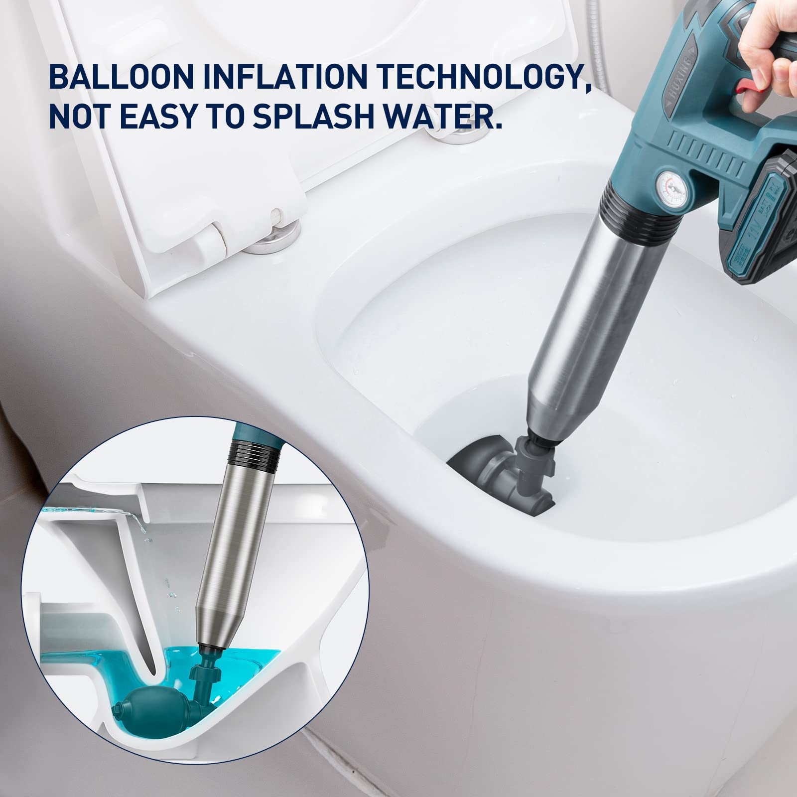Heavy Duty Electric Toilet Plunger - 80 PSI Portable Battery Powered High Pressure Clog Remover with Barometer for Bathroom, Kitchen Sink & Sewer Drain - Ideal for Home, RV & Commercial Use
