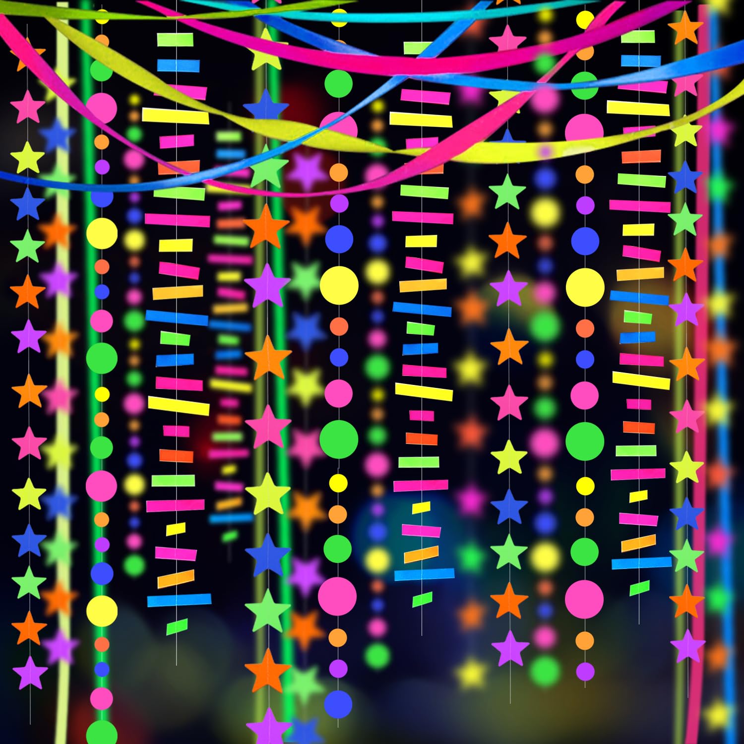 703feet UV Reactive Neon Garland Glow in The Dark Party Streamers - Fluorescent Blacklight Decorations for Birthday, Halloween, Rave & Glow Party Supplies - Perfect for Night Clubs, Dance Parties & Themed Events