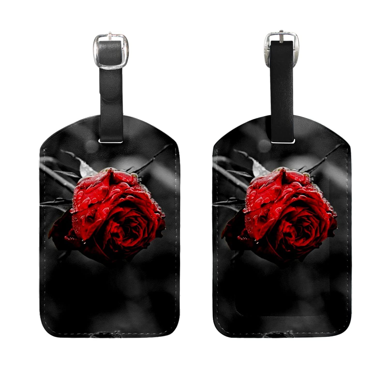 GIPOUTY Rose Flower Luggage Tag - PU Leather Suitcase ID Tag with Privacy Cover for Travel Bags (Black, White, Red) - Perfect for Airports, Cruise Ships & Business Trips