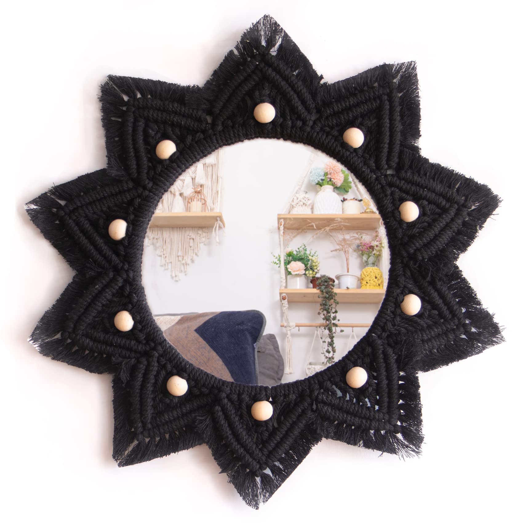 Boho Wall Hanging Mirror - Handmade Macrame Bohemian Round Mirror for Bedroom, Living Room & Apartment Decor - Perfect for Home, Office & Gift Giving