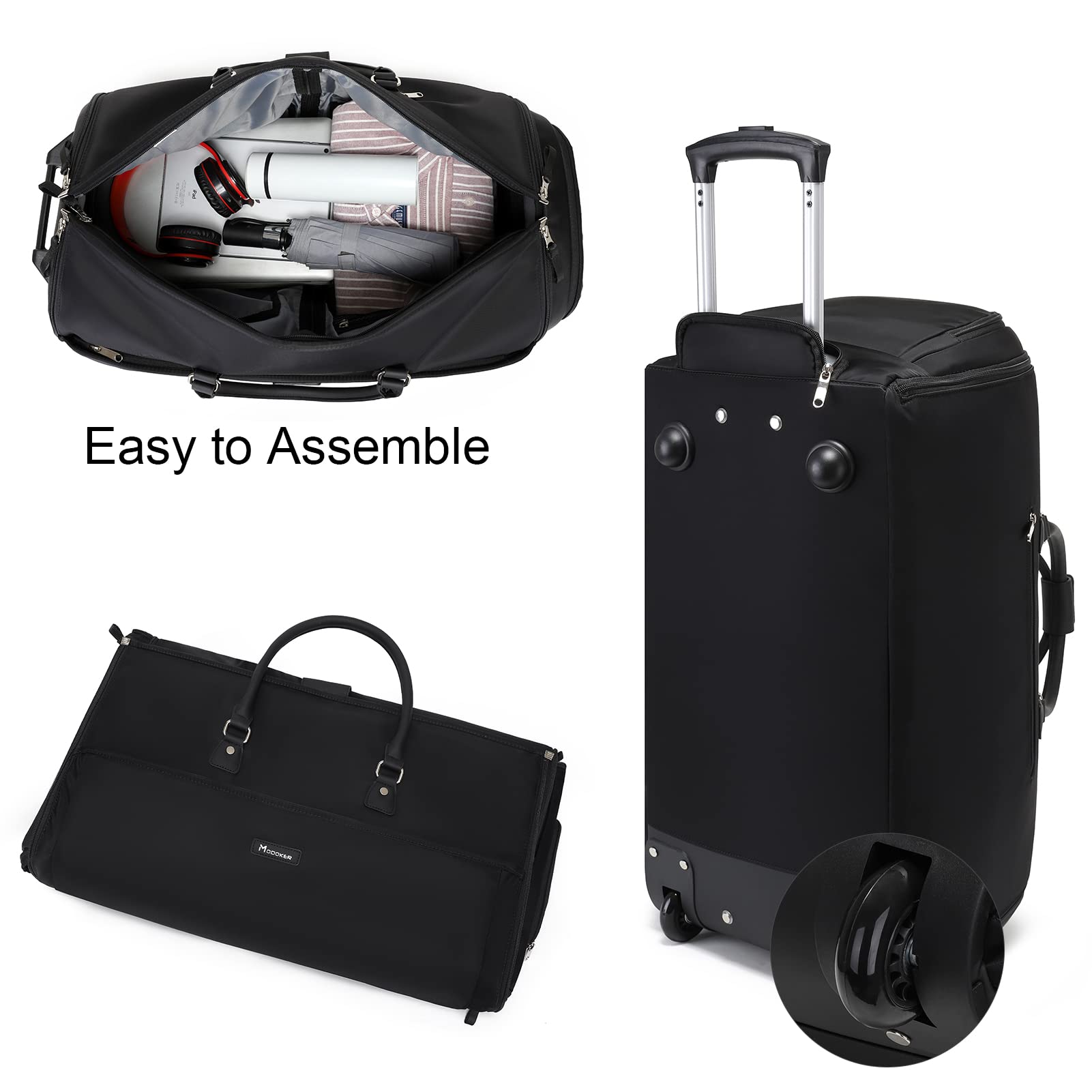 Modoker Rolling Garment Bags for Travel - Large Wheeled Duffle Bag with Wheels | 3-in-1 Garment Suit Luggage for Business & Weekend Trips | Perfect for Men & Women | Black | Ideal for Airplane, Train & Business Travel