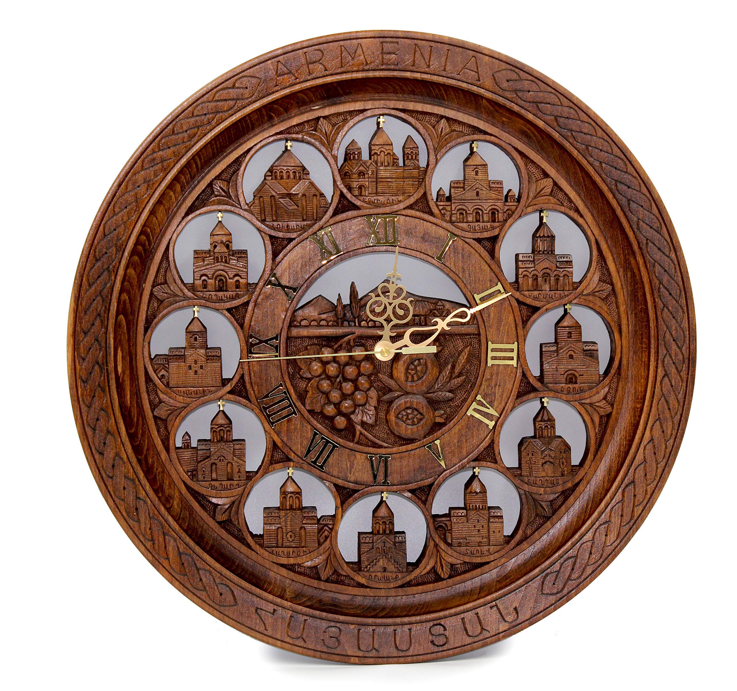 Handmade Wooden Wall Clock - Armenian Church & Mount Ararat Carved Decor - Unique Wood Art Gift for Home, Office & Church Decorations