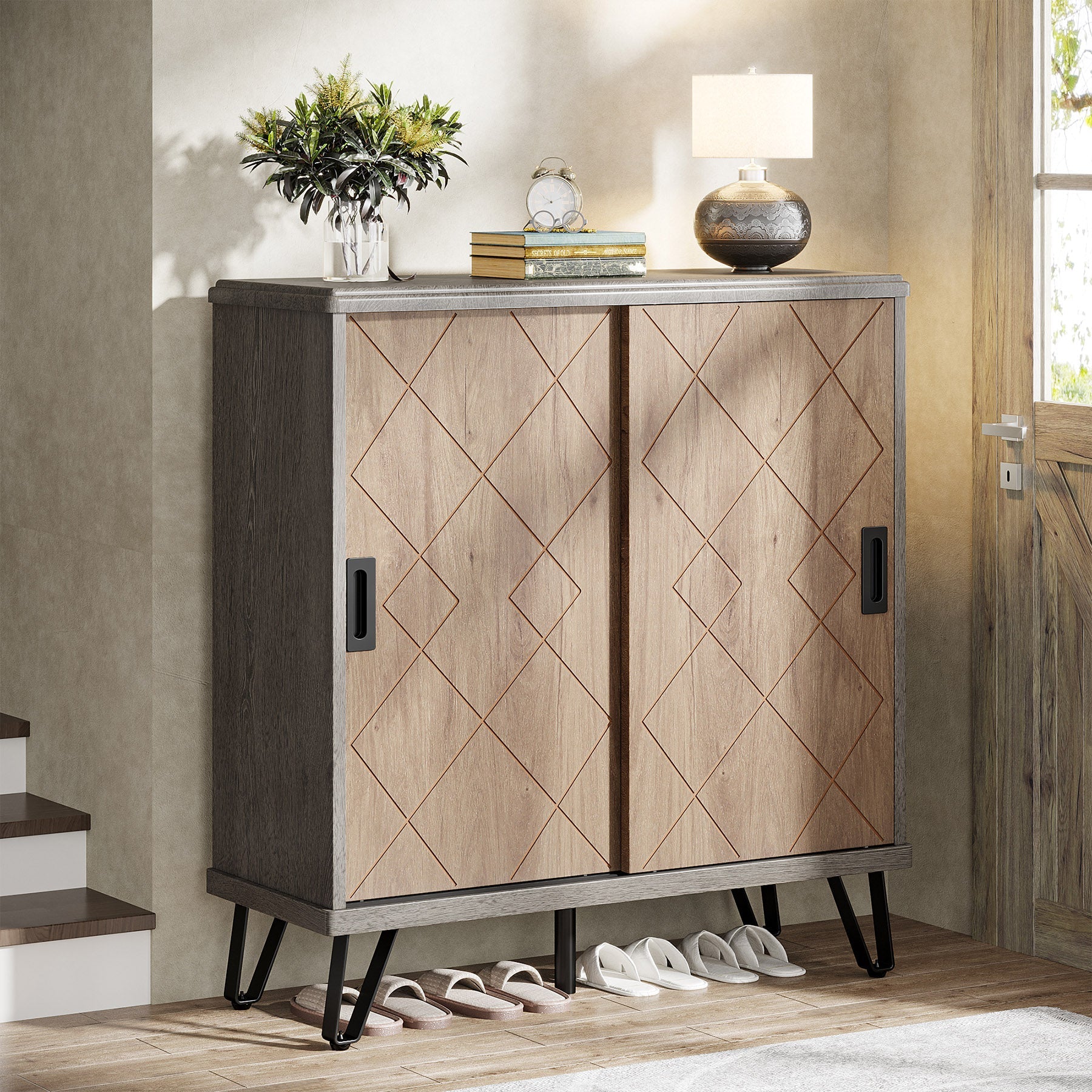 5 Tier Shoe Cabinet with Sliding Doors - Wooden Shoe Organizer with Sturdy Metal Legs for Entryway, Closet & Bedroom Storage Solution