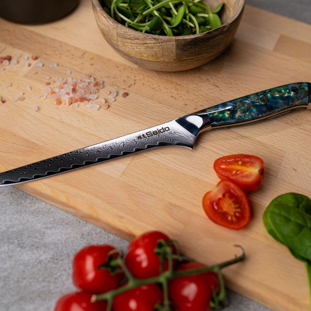 Premium Seido Awabi Damascus Chef Knife Set - Professional Japanese Stainless Steel Kitchen Knives with Abalone Shell Resin Handle, Ultra Sharp Full Tang Design for Slicing, Dicing & Chopping - Perfect for Home Chefs & Professional Kitchens