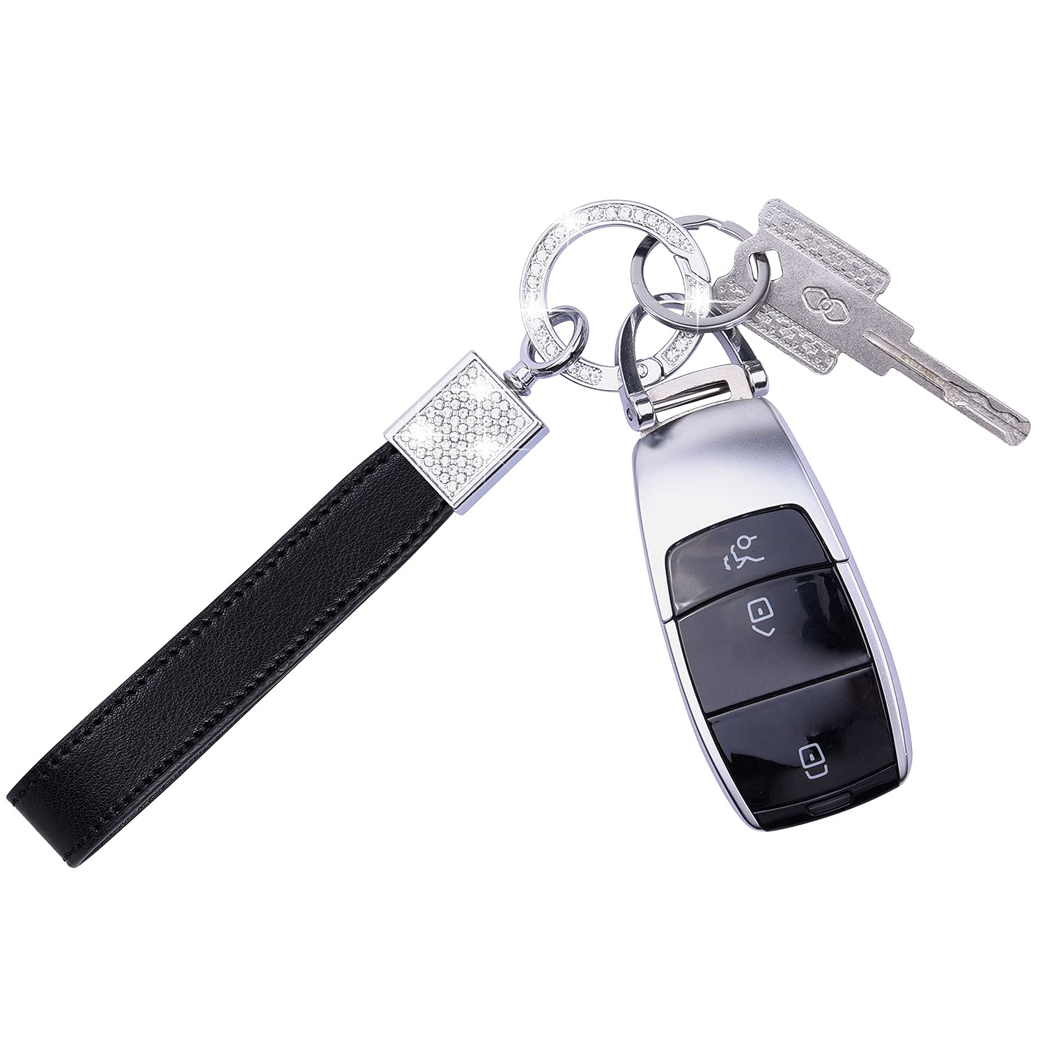 Premium Bling Leather Car Keychain for Women - Universal Genuine Leather Key FOB with Anti-Lost D-Ring & 2 Keyrings (Black) | Perfect Gift for Car Owners, Great for Key Organization & Style Enhancement
