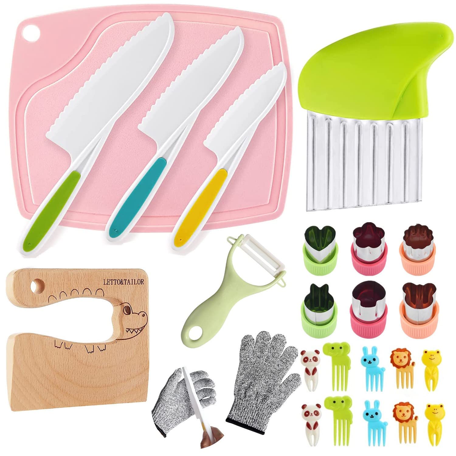 24-Piece Kids Kitchen Knife Set with Wooden Knives & Cutting Boards - Safe Vegetable Cutting Shapes for Toddlers 2+ | Perfect Christmas & Birthday Gift | Fun Pretend Play & Early Cooking Skills Development