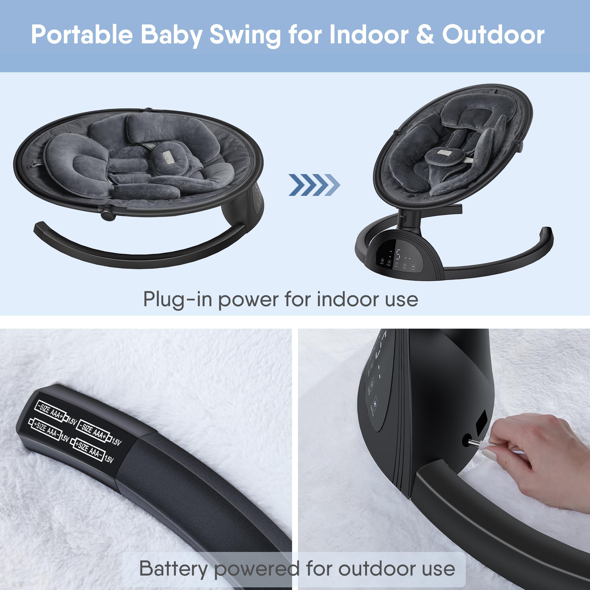 Baby Swing for Infants - Bluetooth Enabled Infant Swing with Music Speaker, 3 Adjustable Seat Positions, 5 Speed Settings & Remote Control - Portable Baby Rocker for Nursery, Travel, Indoor & Outdoor Use (Black)