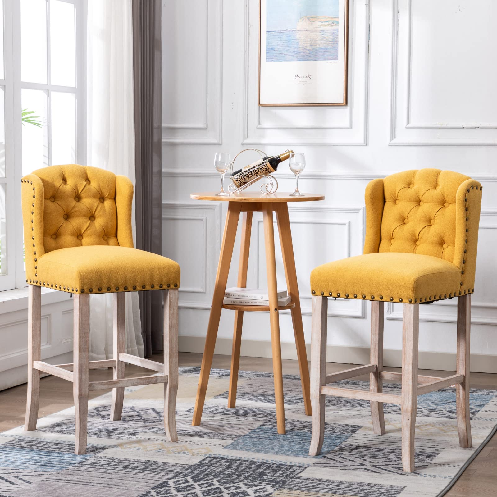 HEAH-YO Modern Bar Stools Set of 2 - 26 Inch Counter Height Stools with Wooden Legs & Button Tufted Backrest - Kitchen Island Chairs for Home Bar, Coffee Shop, or Breakfast Nook - Comfortable Dining Seating in Yellow