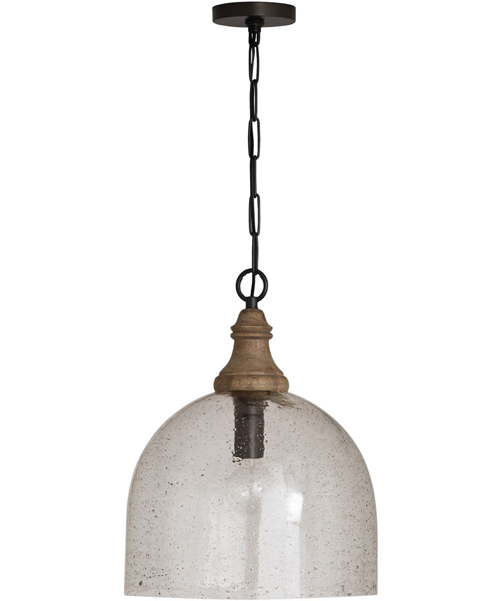 Grey Wash & Pewter 1-Light Pendant with Clear Seeded Glass and Mango Wood - Perfect for Farmhouse, Rustic, or Industrial Dining Room Lighting