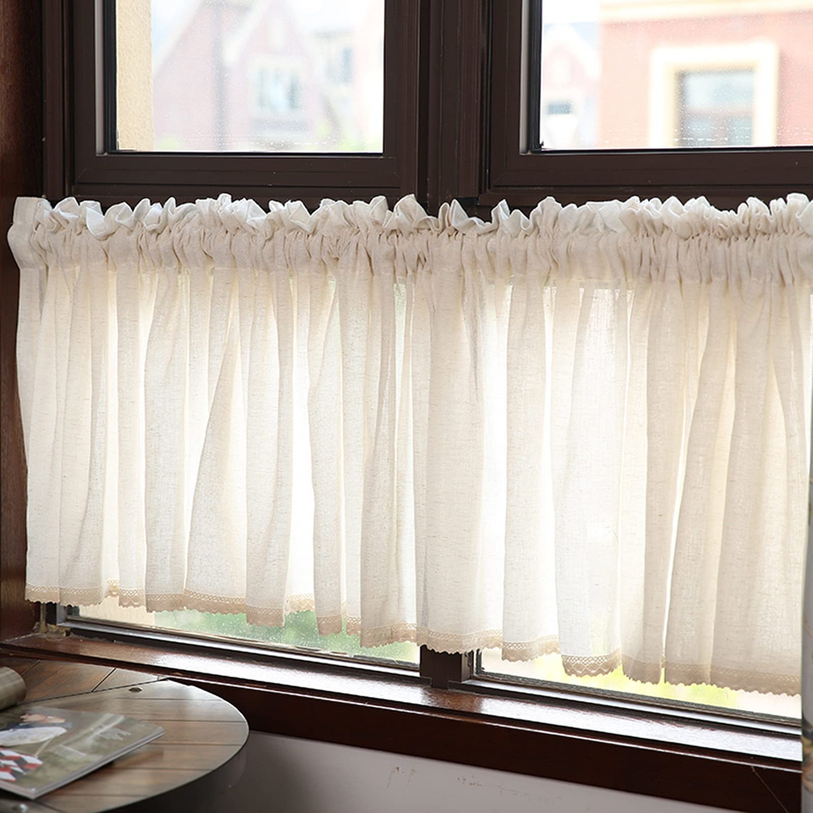 V3VOGUE Short Kitchen Curtains - 1 Piece Linen Tulle Window Shade for Small Windows | Light Filtering, Breathable Voile Drapes | Rustic Farmhouse Style Home Decor | Perfect for Kitchen, Bathroom, Bedroom & Nursery Windows