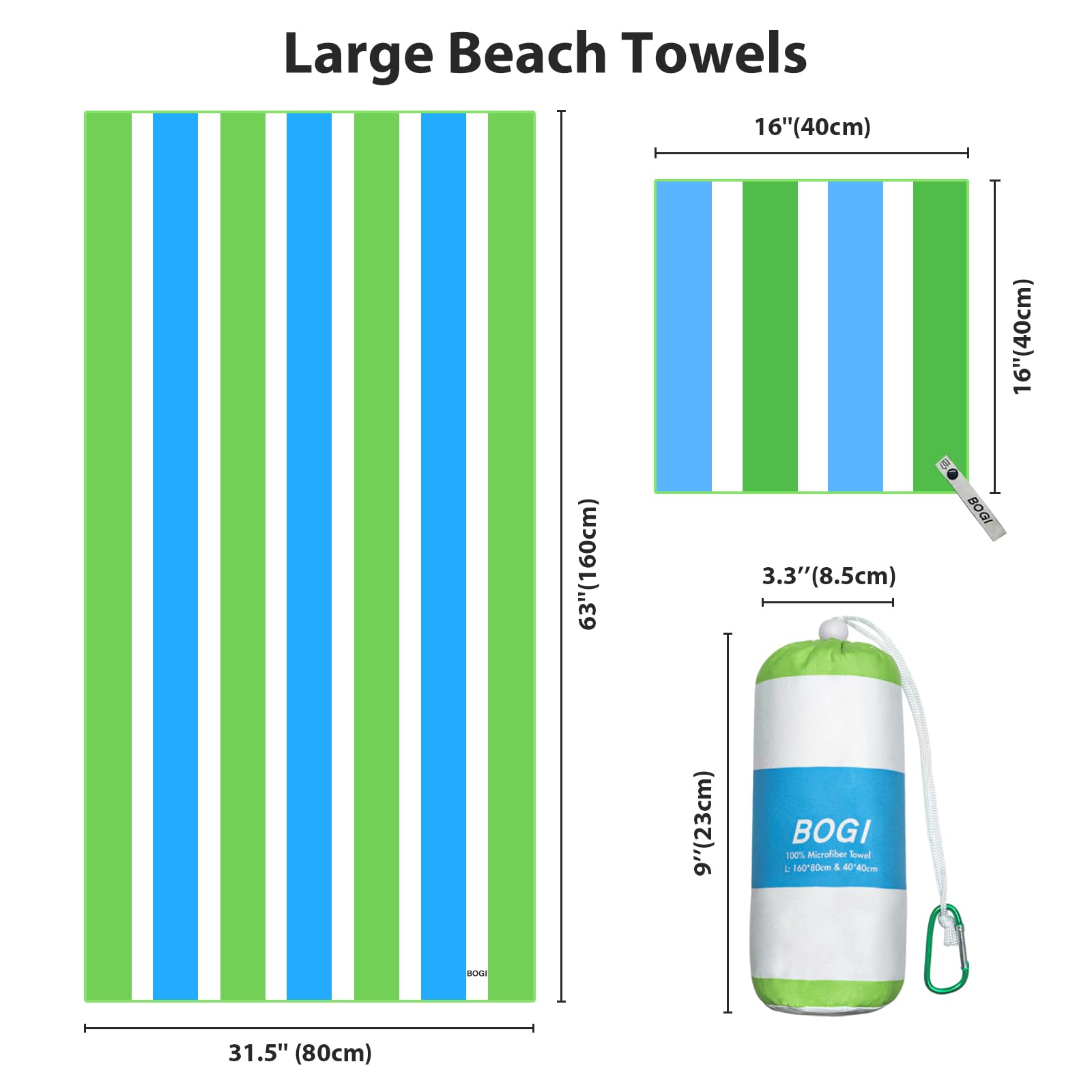 BOGI Quick Dry Microfiber Beach Towel Set - Lightweight, Absorbent & Sand Proof Oversized Travel Towels (Size L & XL) for Swimming, Yoga, Gym, Pool, Beach Vacation & Outdoor Activities