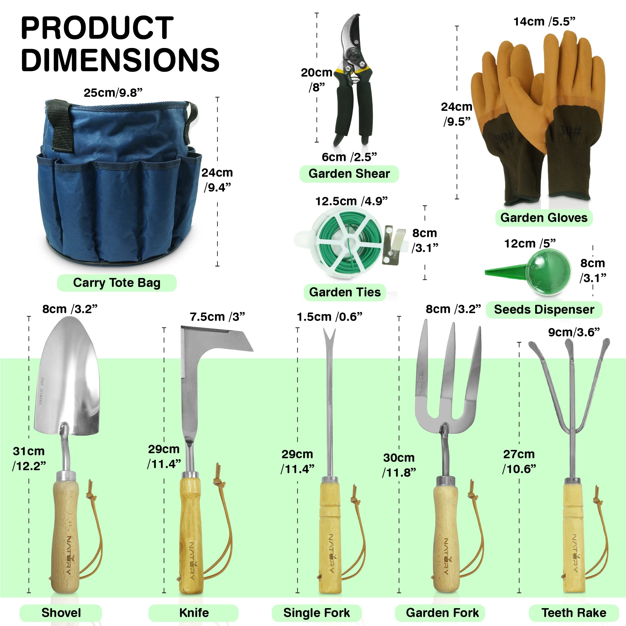 Premium Stainless Steel Garden Tools Set with Solid Beechwood Handle - Complete Gardening Kit Includes Rake, Shovel, Gloves, Shears & Tool Organizer - Ideal for Planting, Weeding & Landscaping - Perfect Gardening Gift for Women & Men
