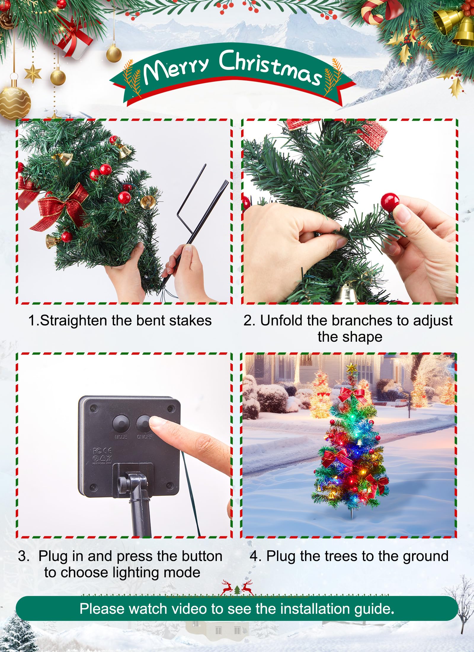 2 Pack 30 Inch Solar Christmas Tree Outdoor Decorations - Solar Powered Xmas Yard Pathway Trees for Sidewalk, Driveway, Walkway, Grave & Cemetery - Perfect for Holiday, Garden, and Seasonal Outdoor Lighting