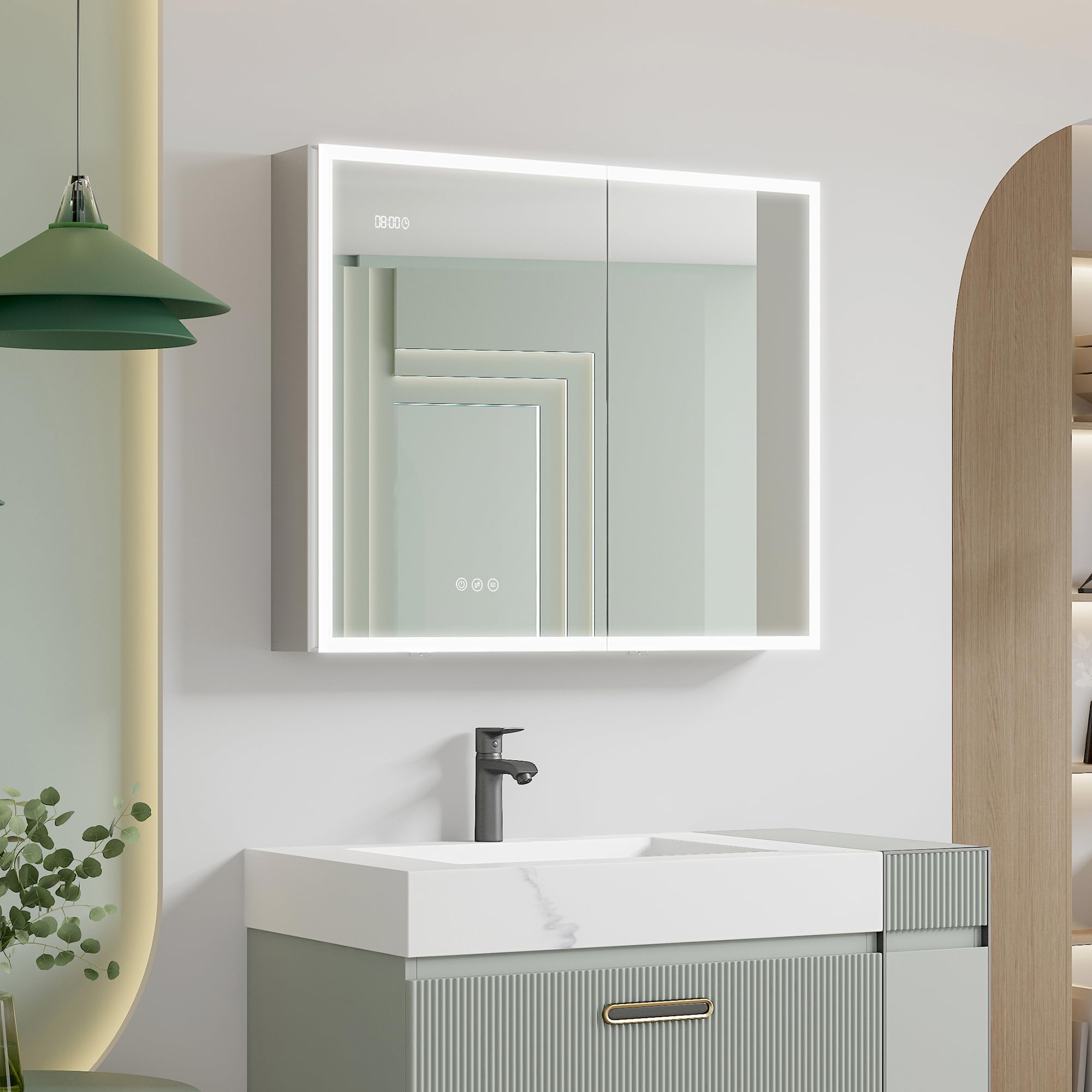 36 x 30 Inch LED Bathroom Medicine Cabinet with Anti-Fog Mirror - 3 Color Lighting, Adjustable Brightness, Time & Temperature Display - Surface Mount Touch Switch for Modern Bathrooms & Vanities