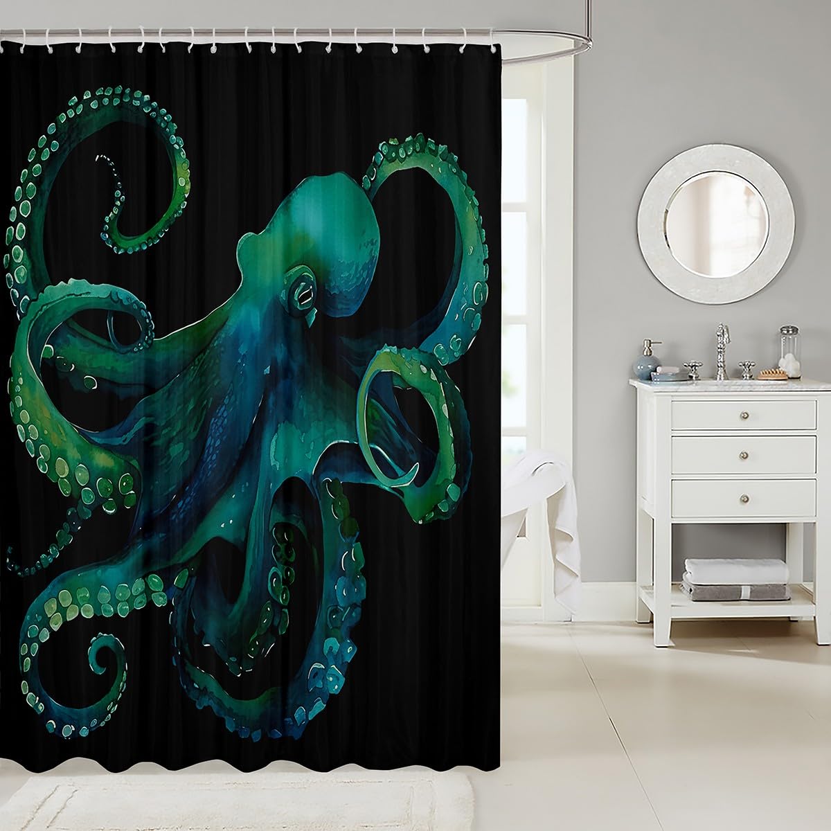 Waterproof Octopus Shower Curtain with Hooks - 72x72 Inch Washable Bathroom Decor, Vivid Marine Life Design for Kids & Coastal Theme Bathrooms | Perfect for Beach House, Nautical Nursery or Ocean-Themed Bathroom