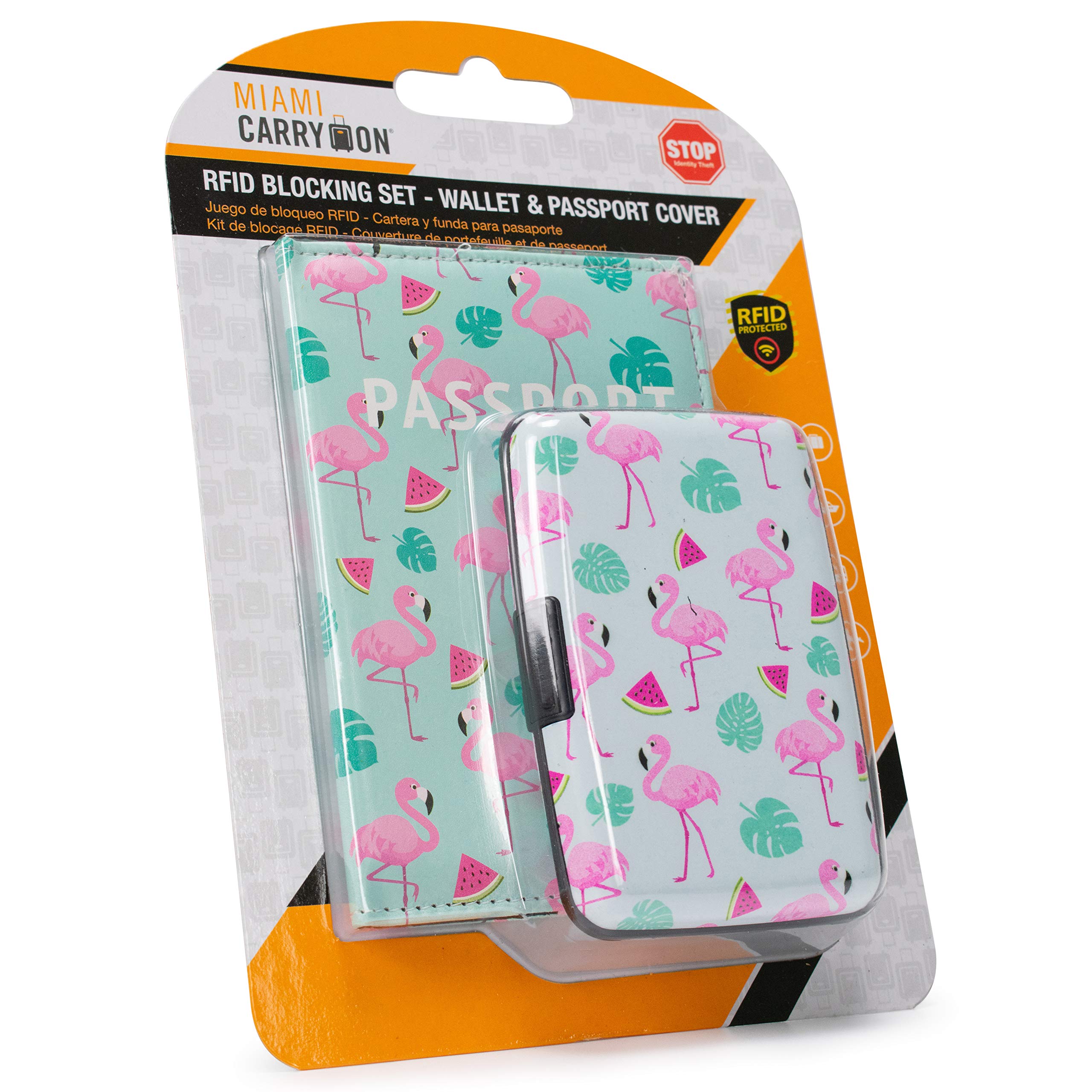 Pink Flamingo & Watermelon Plastic Wallet and Passport Holder Set - Travel Accessories for Women, Girls, Vacation & Beach Trips