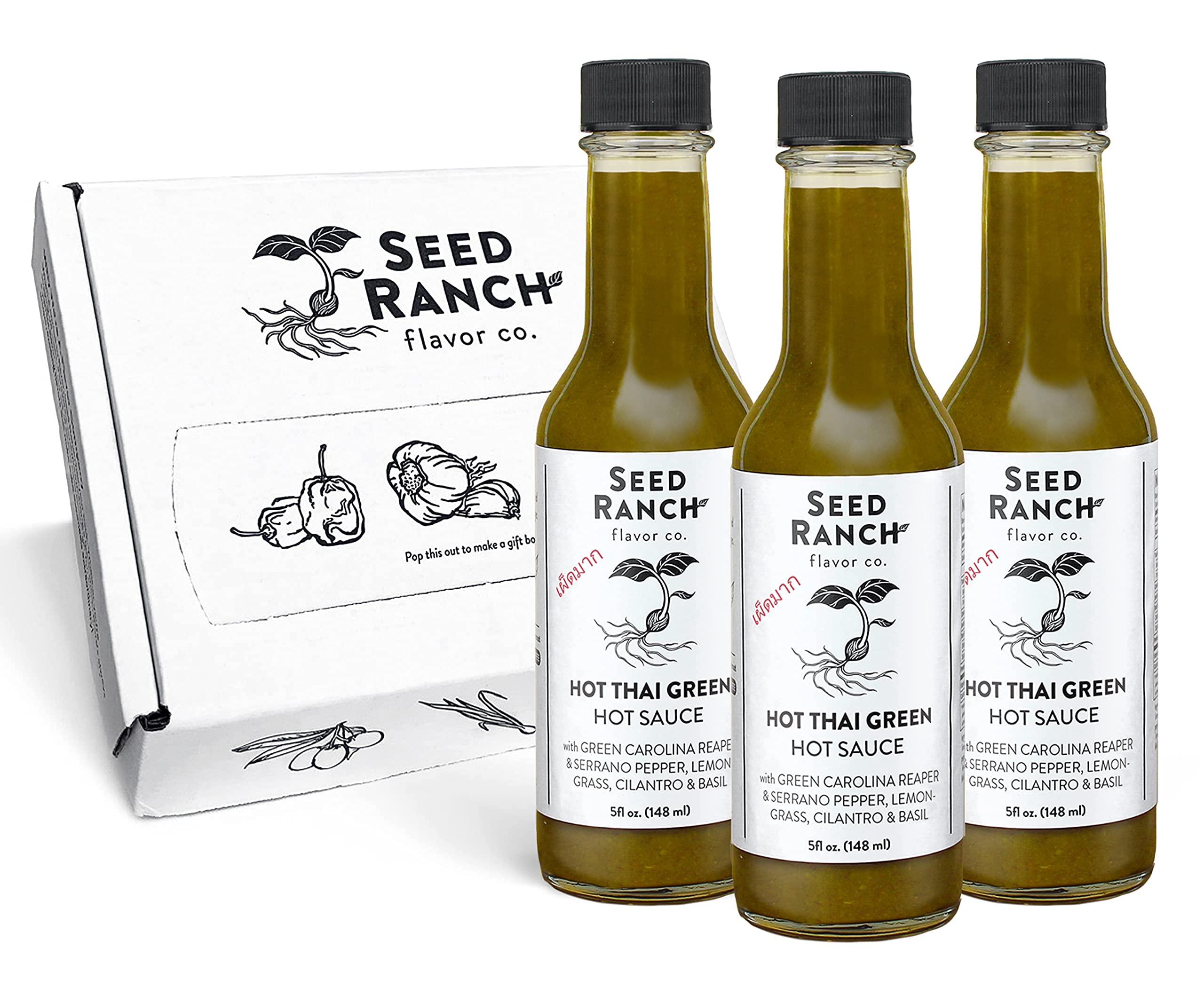 Seed Ranch Hot Thai Sauce 3-Pack - Spicy Green Carolina Reaper Pepper Sauce - Organic, Vegan, Non-GMO, Gluten-Free Gourmet Hot Sauce - Featured on Hot Ones Show - Perfect for Rice Bowls, Noodles, Breakfast & Protein Dishes