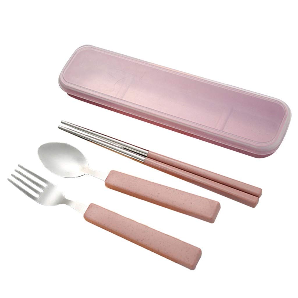 Premium Stainless Steel Travel Cutlery Set - 3-Piece Fork, Spoon & Chopsticks with Case | Compact & Durable for Camping, Office Lunch & Outdoor Dining (Pink, One Size)
