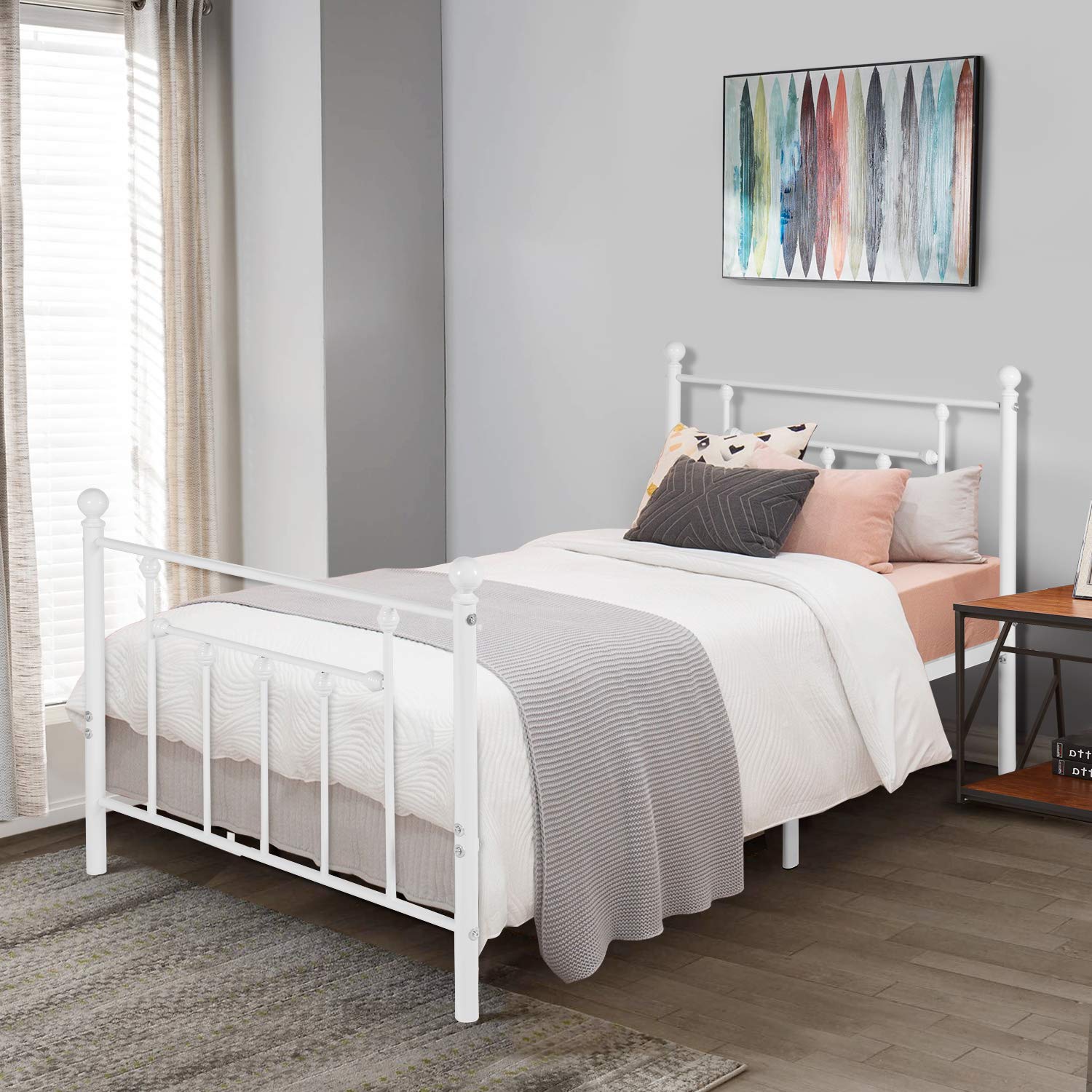 VECELO Twin Size Metal Bed Frame with Heavy Duty Steel Headboard & Footboard - Sturdy Platform Mattress Foundation for Kids, Teens, Guest Rooms - White