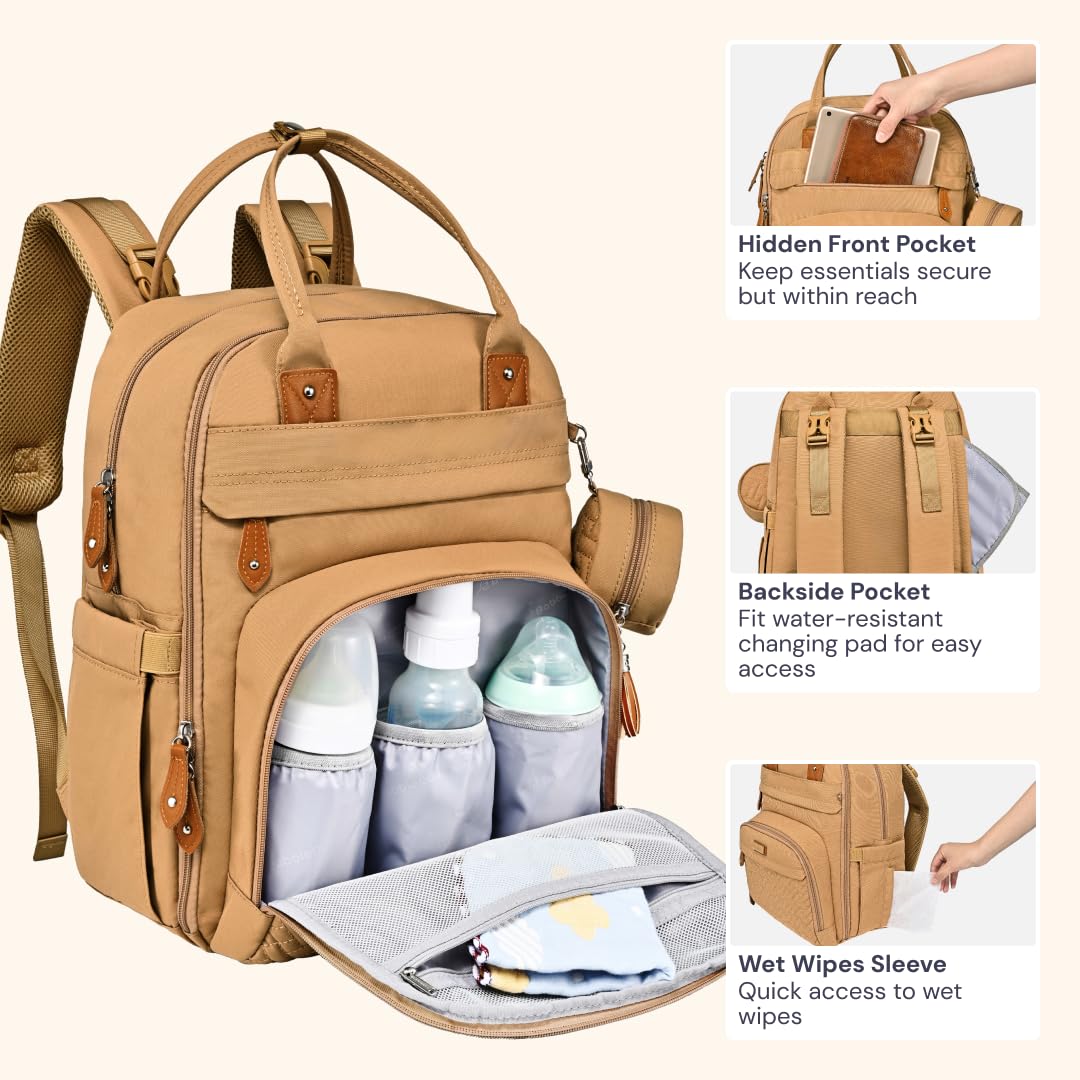 BabbleRoo Waterproof Diaper Backpack - Multifunctional Baby Travel Bag with Changing Pad, Stroller Straps & Pacifier Case | Unisex Beige Diaper Tote for Parents | Perfect for Daycare, Travel & On-the-Go Parenting