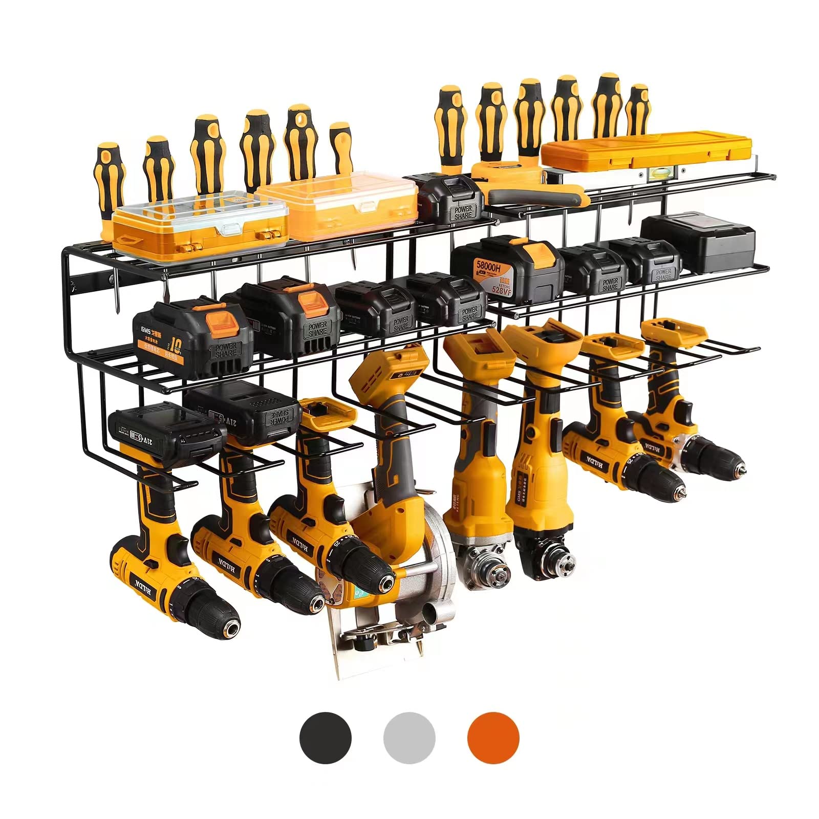 Heavy Duty Power Tool Organizer Wall Mount - 2 Pack Black Tool Storage Rack with Shelf for Garage & Workshop Organization | Drill Holder, Lifetime Use | Perfect for DIY Projects & Professional Workspaces