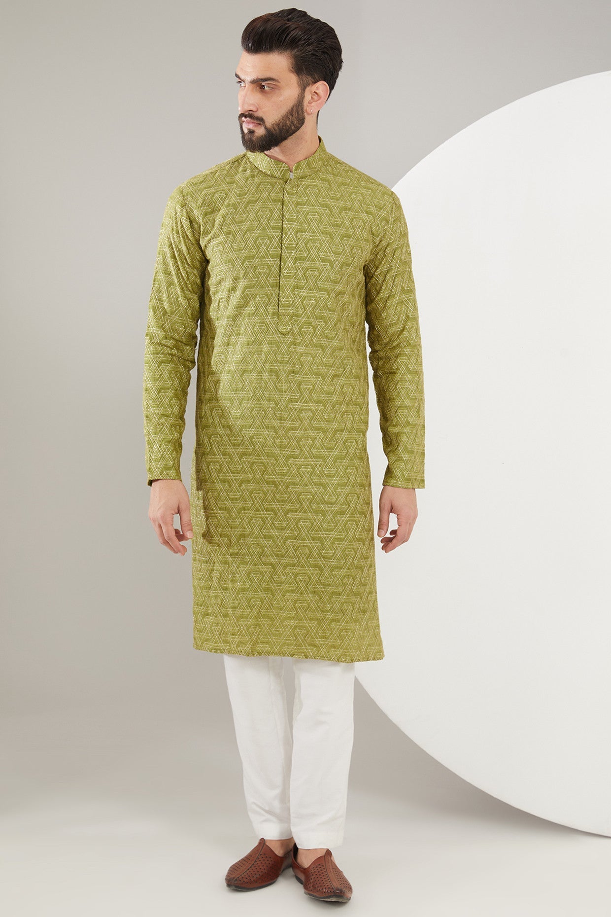 Mehndi Green Geometric Embroidered Kurta for Women - Elegant Traditional Indian Tunic Top for Festivals, Weddings & Casual Wear