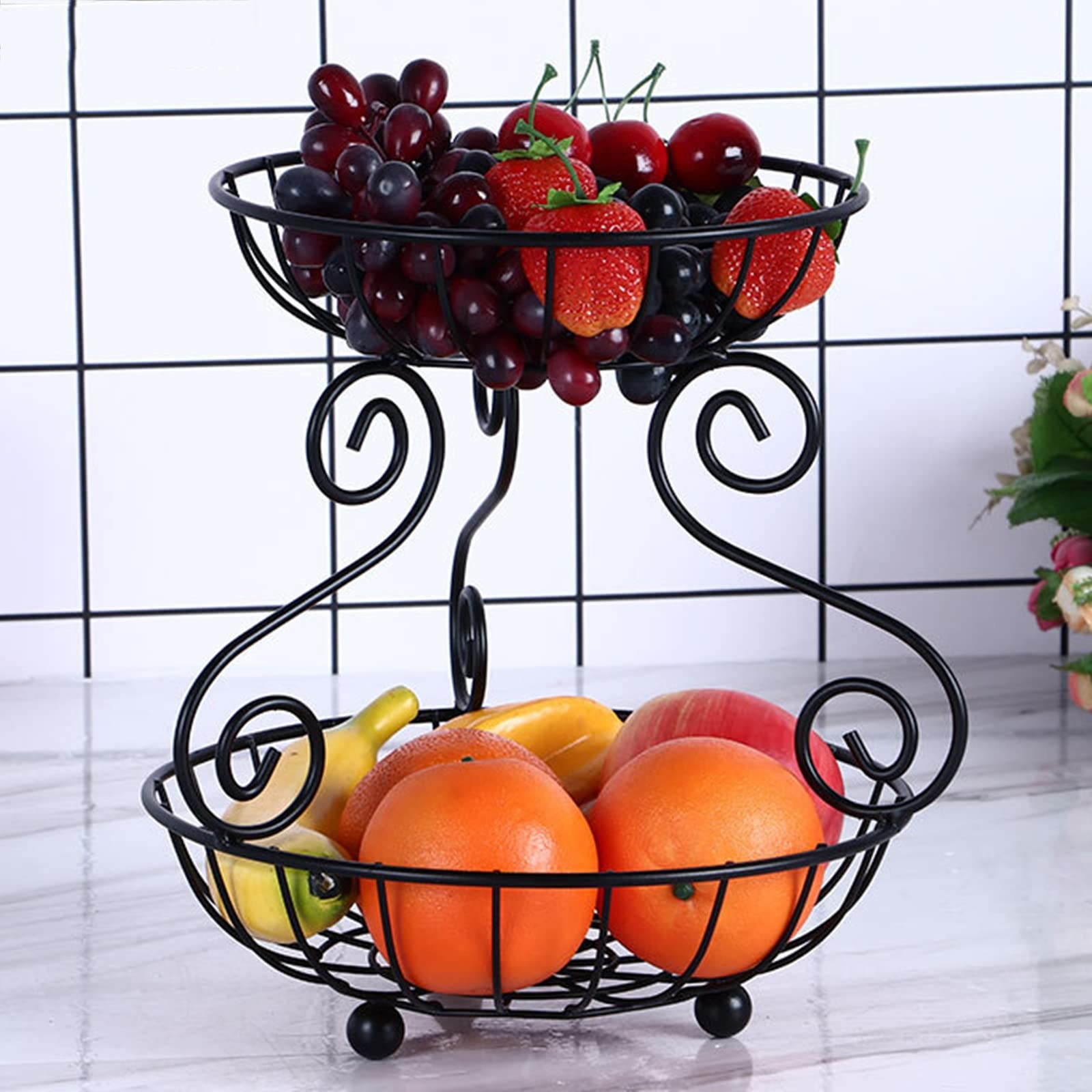 2-Tier Fruit Bowl Basket - Kitchen & Dining Table Decor for Fruits, Vegetables & Snacks Storage - Perfect for Home, Office & Party Use - LYWY (Size B)