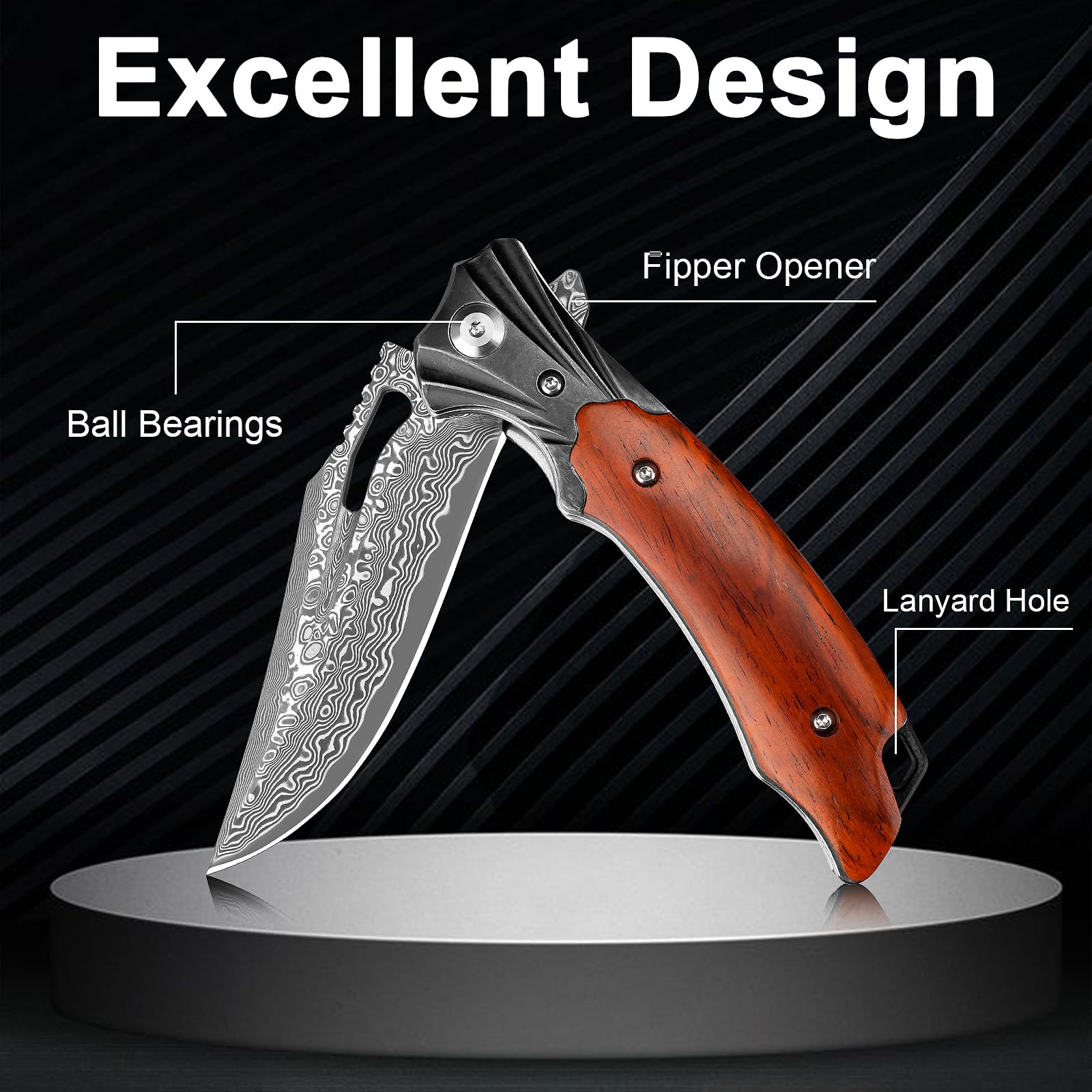 Premium Damascus Steel Folding Pocket Knife with Wood Handle & Sheath - 3.15