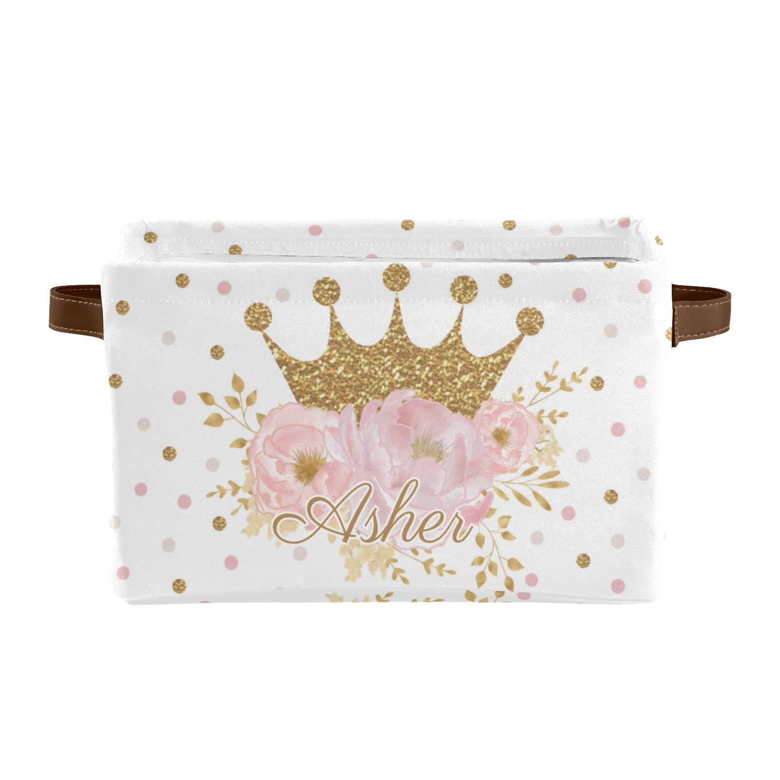 Deven Pink Gold Crown Princess Floral Personalized Large Storage Baskets with Handles - Decorative Organizing Bins for Shelves, Closet, Toys, Bathroom & Nursery - Perfect for Home Organization & Gift Giving (1 Pack)