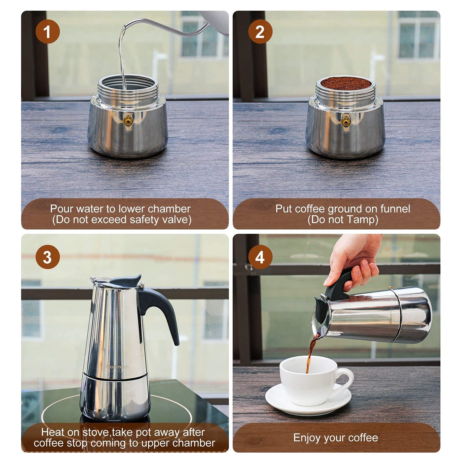 Godmorn 15oz Stovetop Espresso Maker - Italian Moka Pot Coffee Maker for Induction Cooktops, 450ml Stainless Steel Percolator (9 Cup Capacity) - Perfect for Home Brewing, Camping & Office Use