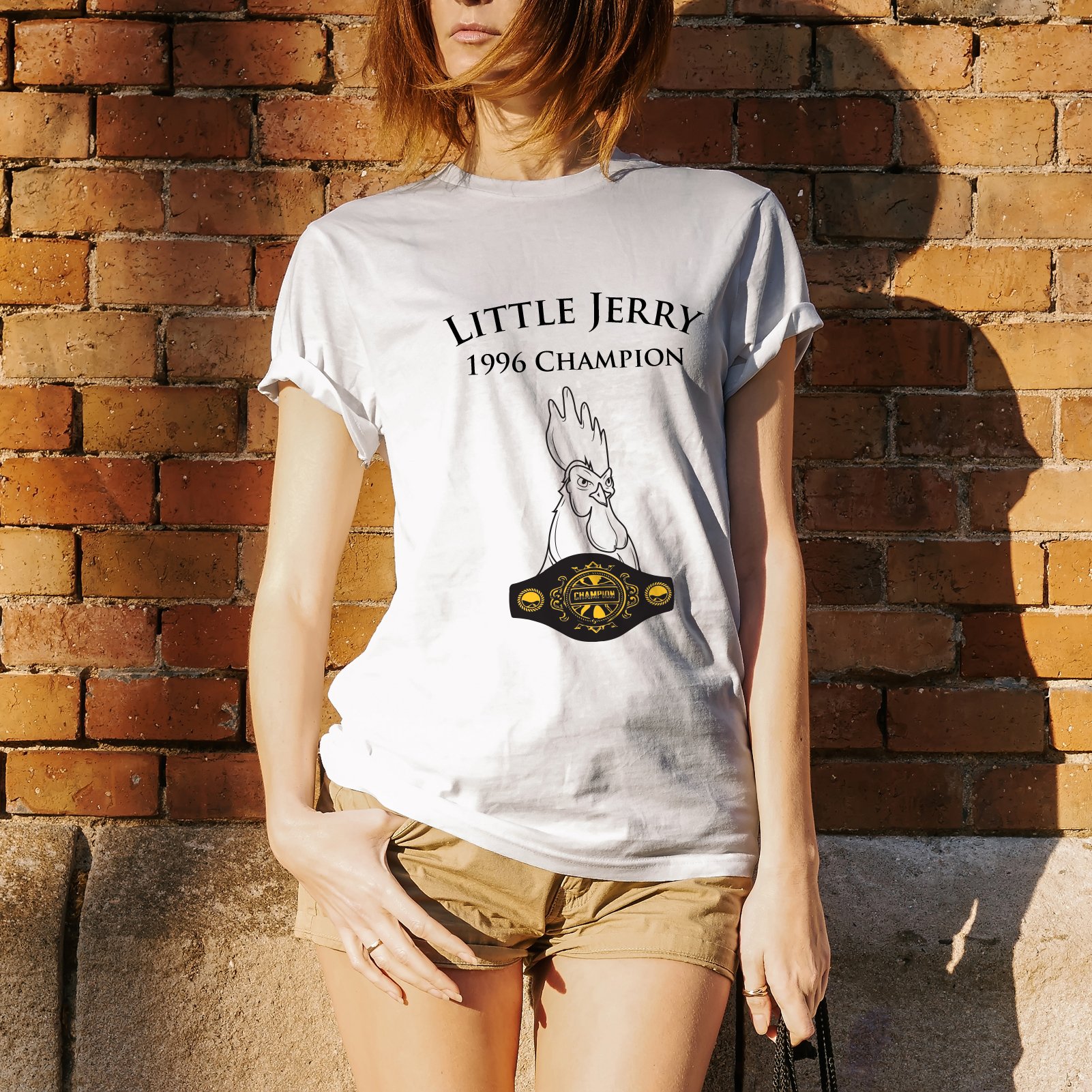 UGP Campus Apparel - Little Jerry Funny Chicken Rooster Champion TV Show T-Shirt - Small White - Soft Cotton Tee for Fans, Comedy Lovers & Casual Wear
