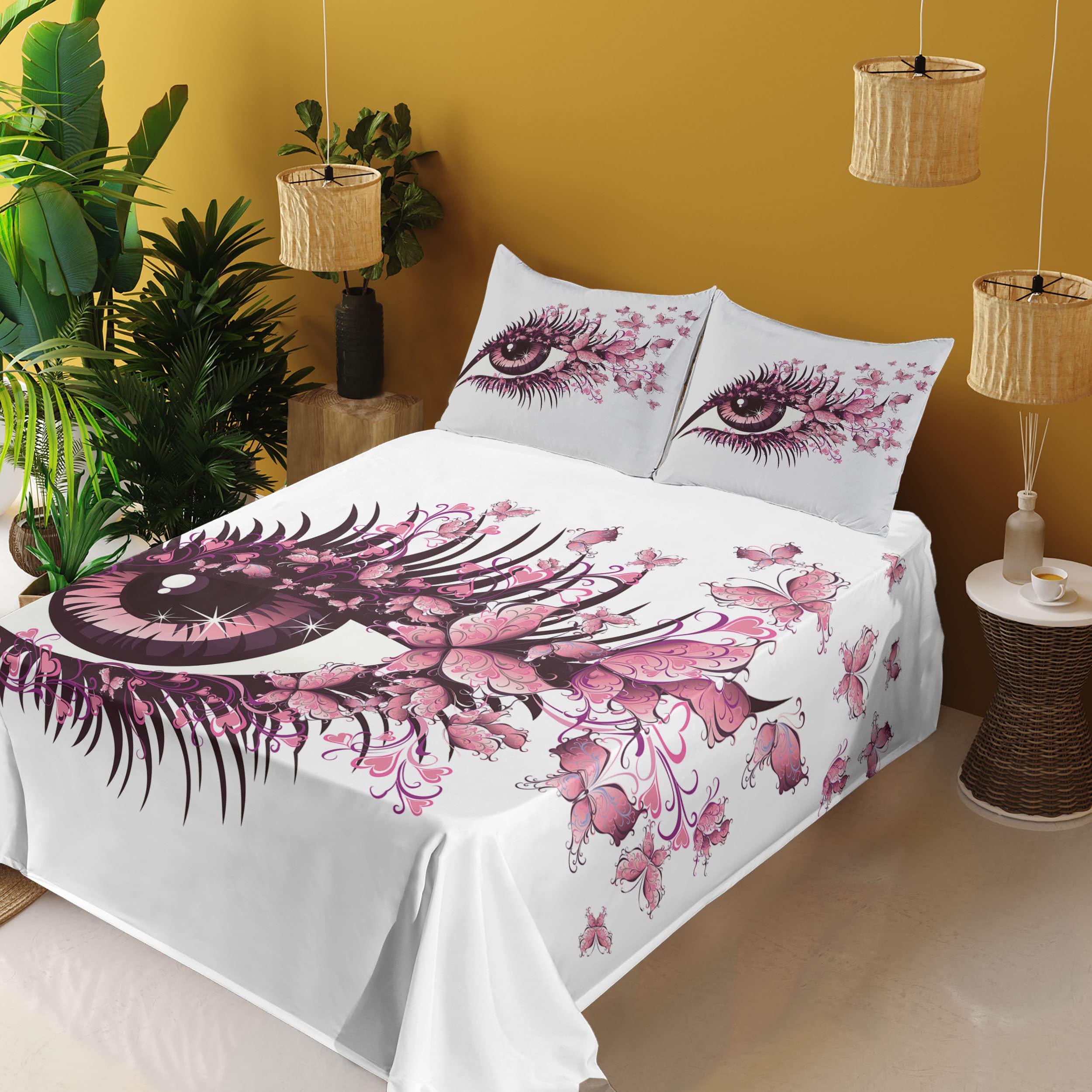 Ambesonne 4-Piece Queen Sheet Set - Butterfly & Eyelash Mascara Animal Print Bedding in Pale Pink Purple | Soft Fitted & Flat Sheets with Pillowcases | Perfect for Girls' Bedrooms, Dorm Decor or Unique Gift