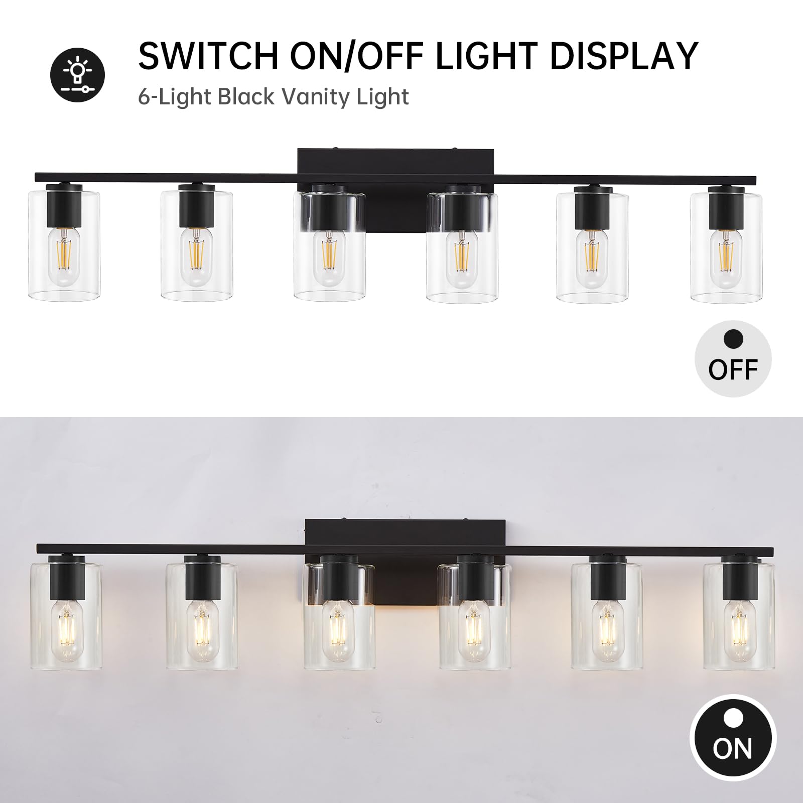 6-Light Black Bathroom Vanity Lighting with Clear Glass Shade - Modern Metal Vanity Lights for Bathroom, Bedroom & Living Room - Perfect Over Mirror for Home Decor