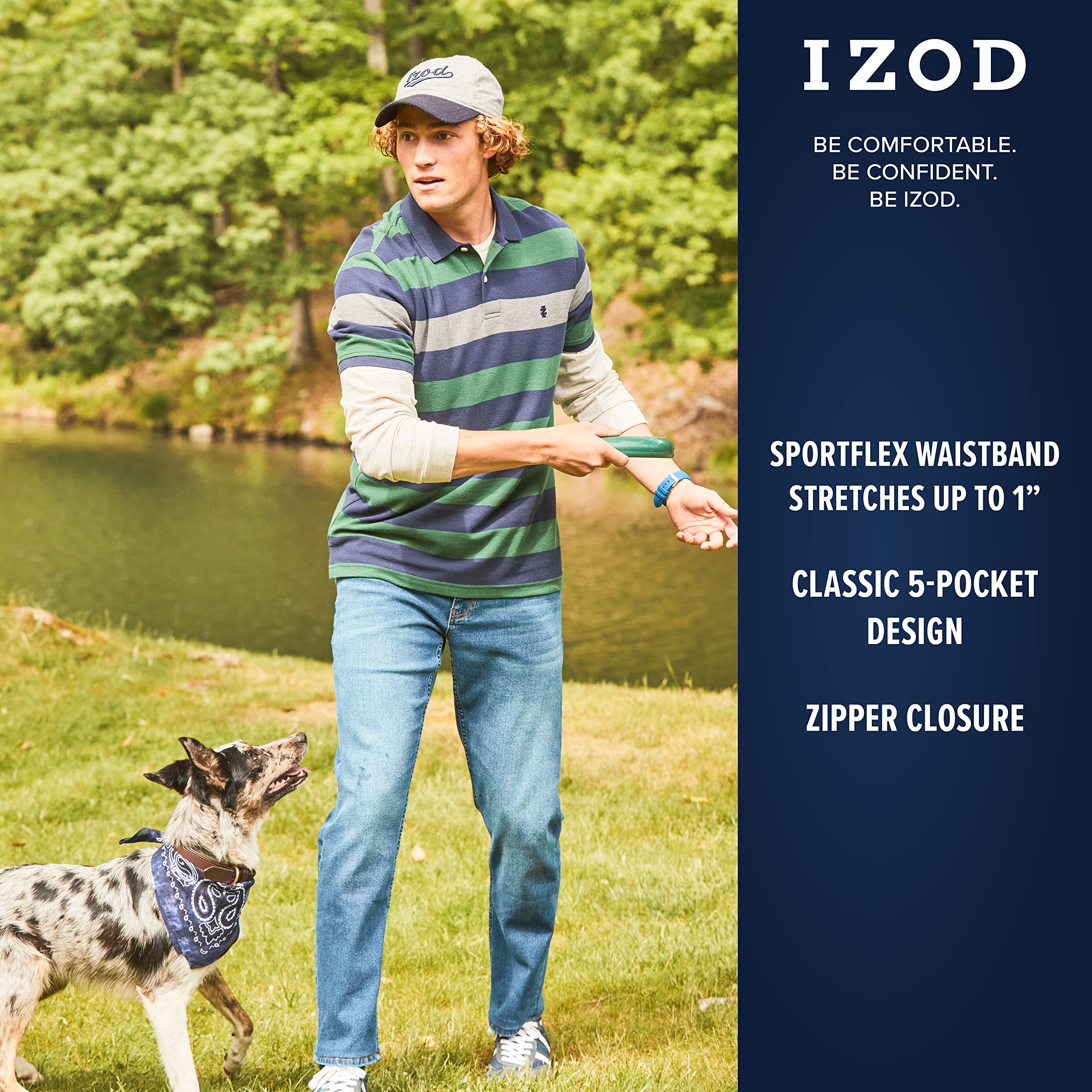 IZOD Men's Relaxed Fit Stretch Denim Jeans - Comfortable Pull On Casual Pants with Expanded Leg for Everyday Wear | Office, Weekend & Outdoor Activities