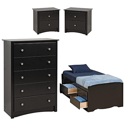 Home Square 4-Piece Bedroom Set with Tall Twin Storage 5-Drawer Chest & 2 Nightstands - Complete Bedroom Furniture for Small Spaces & Guest Rooms
