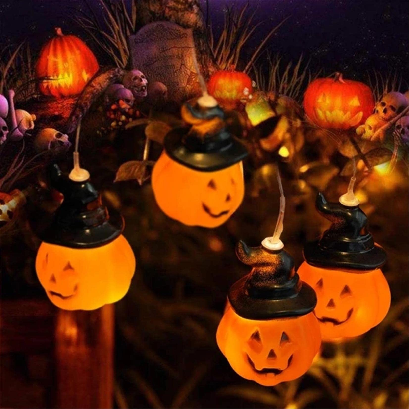 Solar Powered Halloween Pumpkin String Lights with Skull Lantern & Wind Chime - LED Outdoor Decor for Halloween Party, Bar, Porch, and Garden Decoration