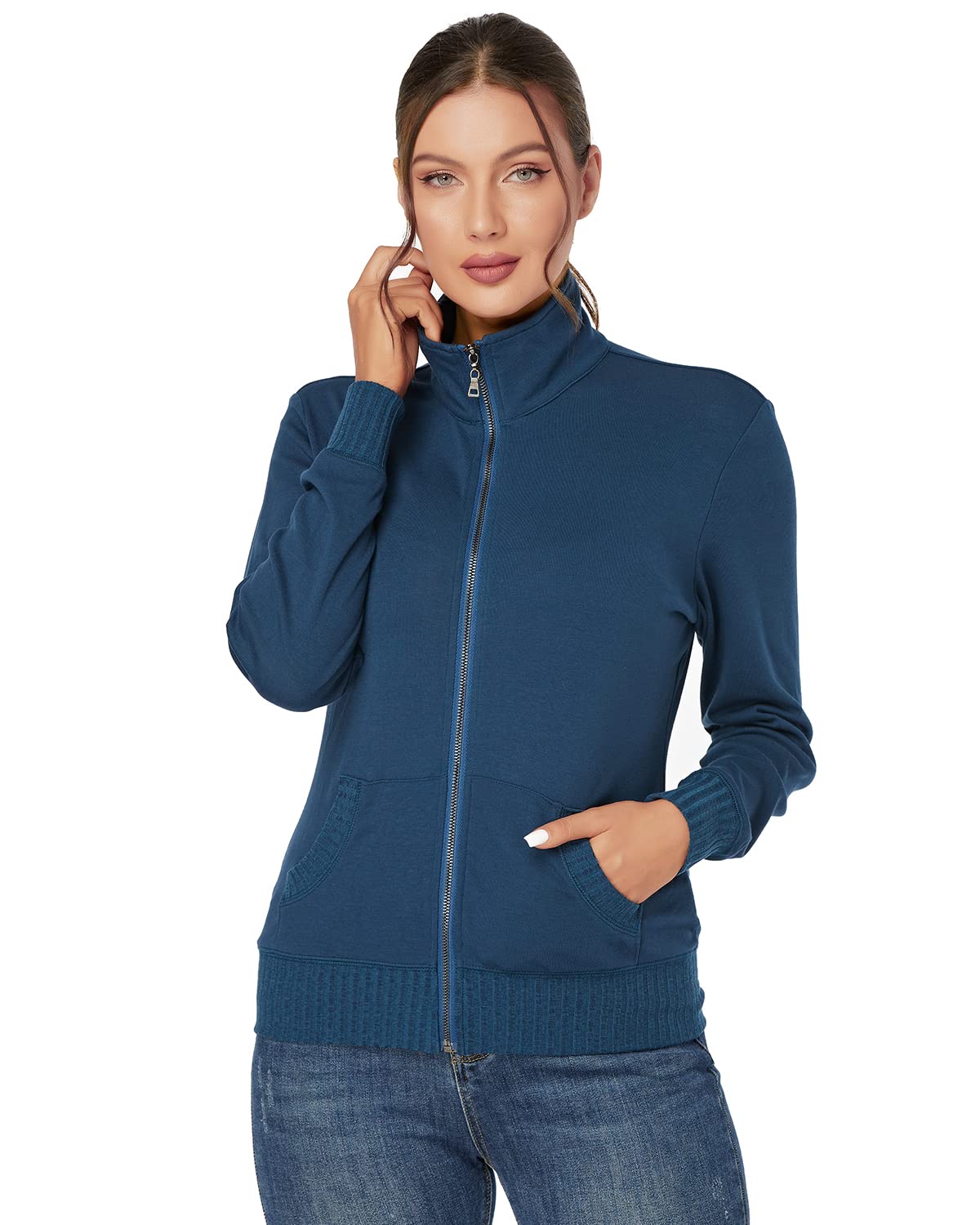 J.Corrine Women's Zip Up Hooded Sweatshirt Jacket - Stand Collar Long Sleeve Athletic Running Track Coat with Pockets (Navy Blue) - Perfect for Jogging, Gym Workouts & Casual Streetwear