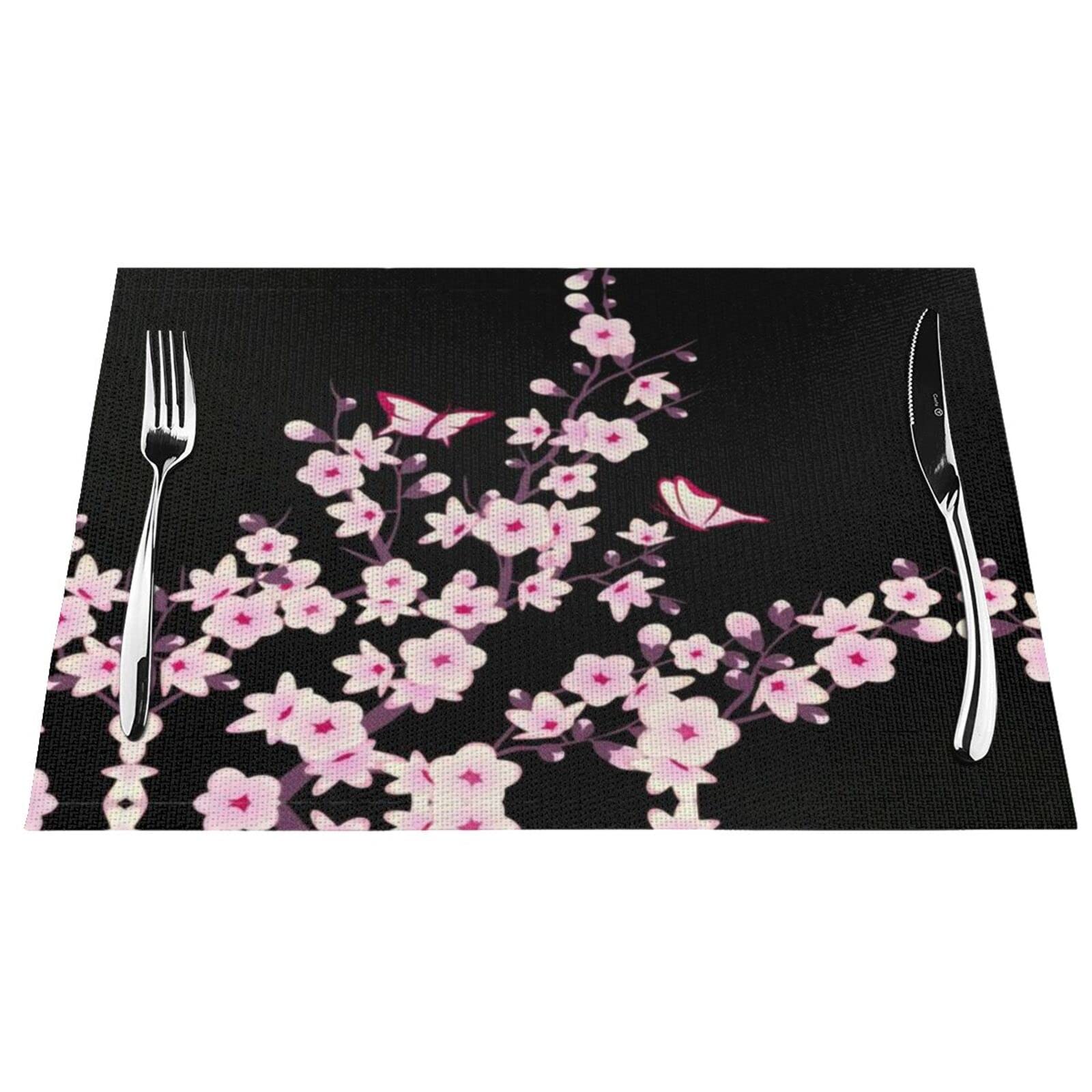 4-Pack Cherry Blossom Vinyl Placemats - Heat Resistant, Non-Slip & Washable PVC Table Mats for Dining Table & Kitchen Decor - Perfect for Everyday Meals, Dinner Parties & Home Styling