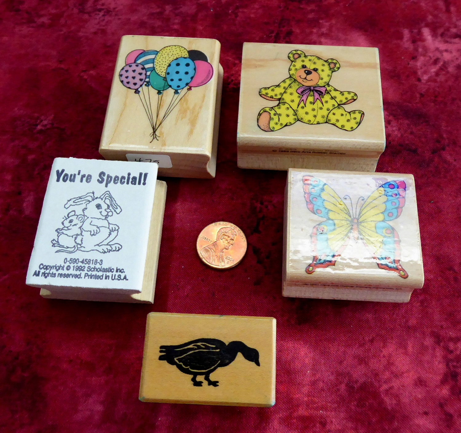 5-Piece Rubber Stamp Set - Teddy Bear, Balloons, Butterfly, Special Goose - Wood Mounted for DIY Invitations, Scrapbooking & Card Making