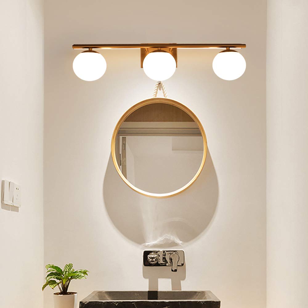 Modern Brushed Brass Bathroom Vanity Light - 3-Light Wall Sconce with Milk White Globe Glass Shades for Mirror Lighting | Perfect for Bathroom, Powder Room & Dressing Room Makeup Area (G9 Bulb Not Included)
