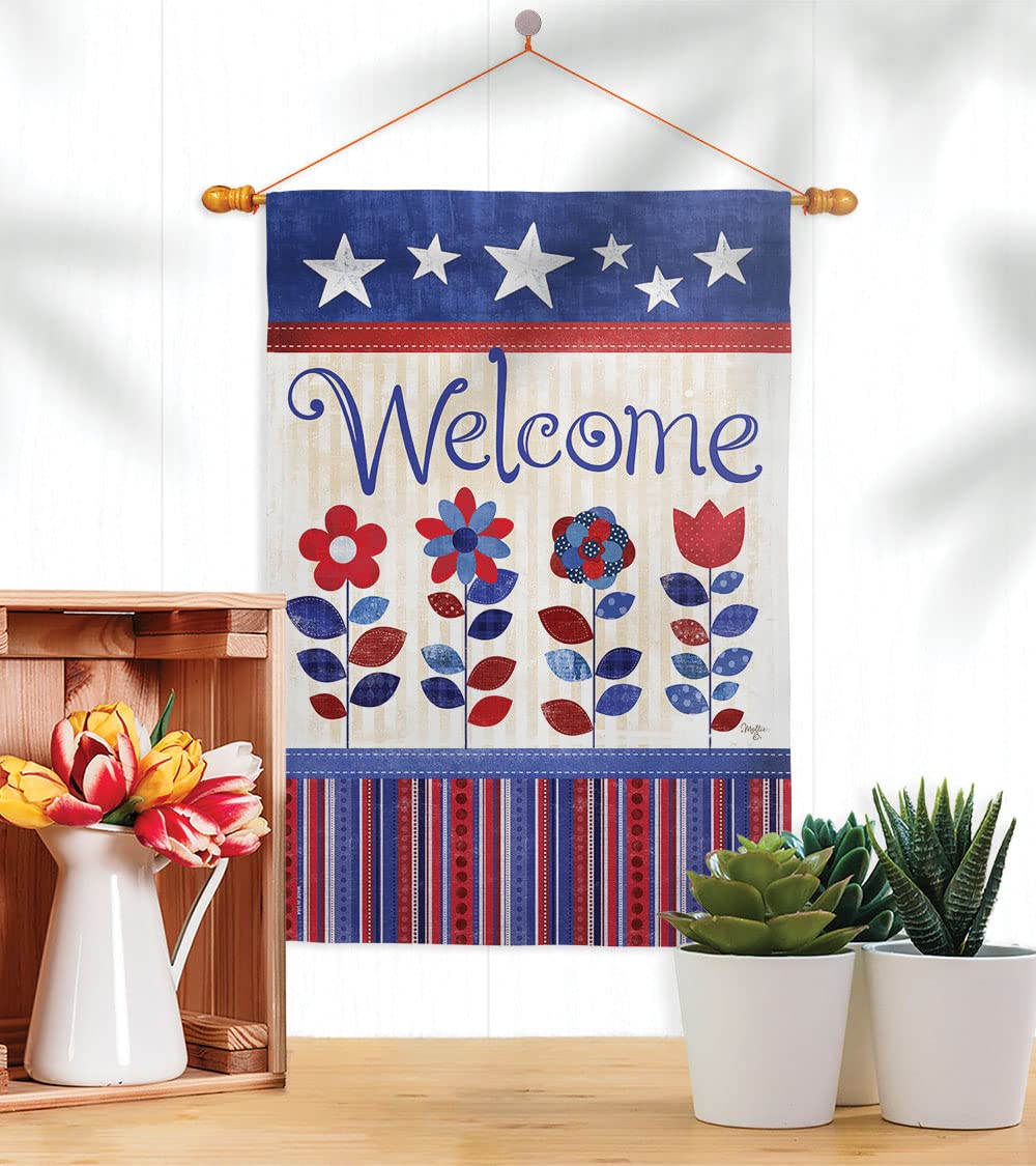 Patriotic Welcome House Flag Set 28x40in w/Flagpole for Outdoor Decor
