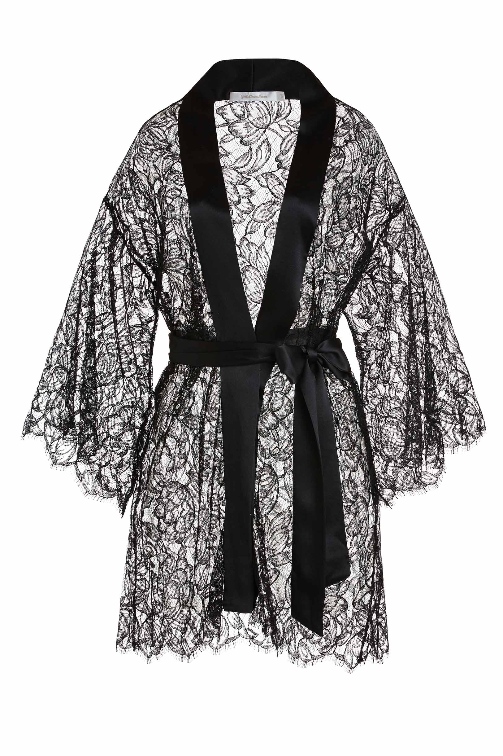 Black Tulip French Lace & Silk Bridal Kimono Robe - Elegant Wedding Gown Cover Up for Bridal Shower, Honeymoon & Boudoir Photography