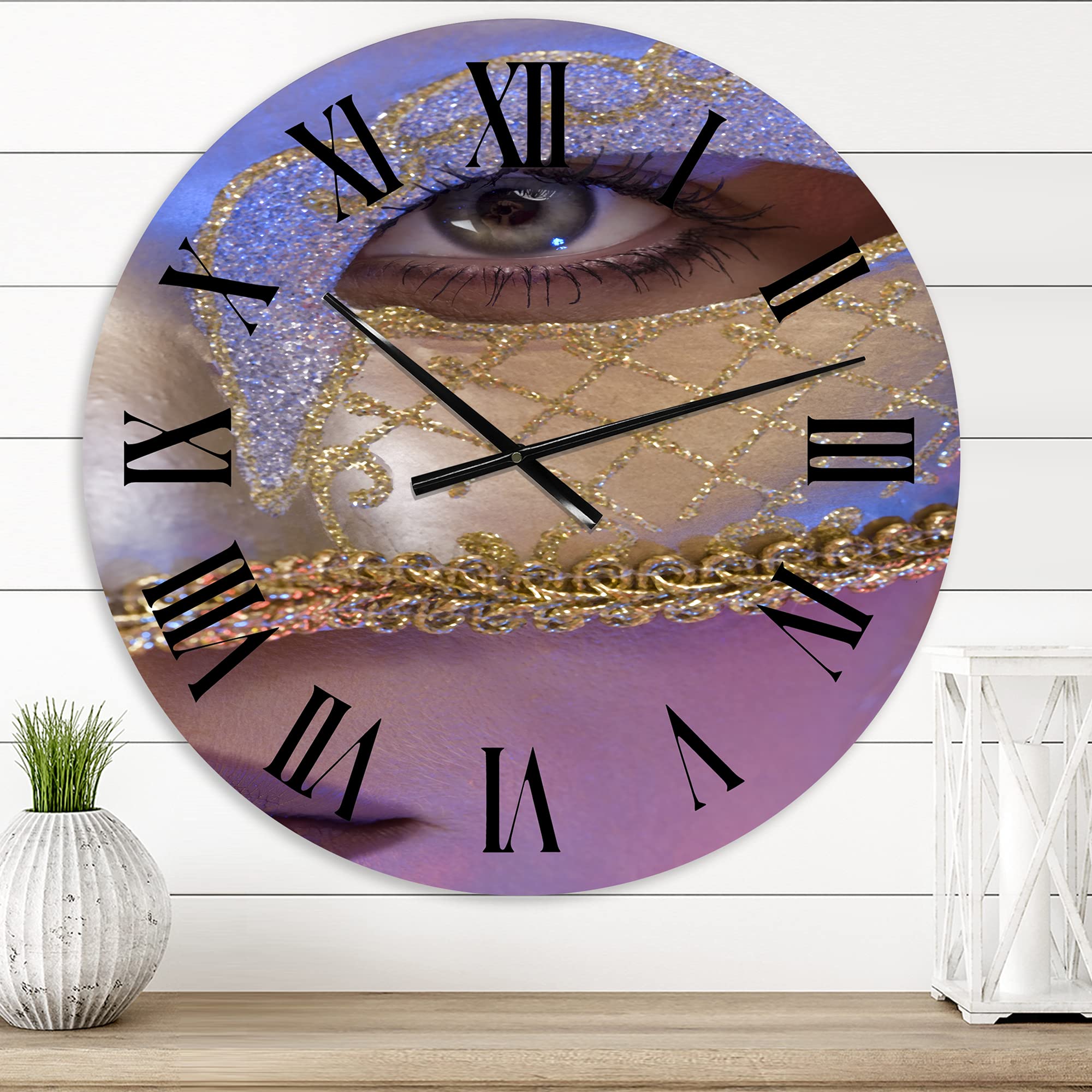 DesignQ Modern Venetian Mask Wall Clock - Large Decorative Clock for Living Room, Bedroom & Office - Silent Non-Ticking Home Decor